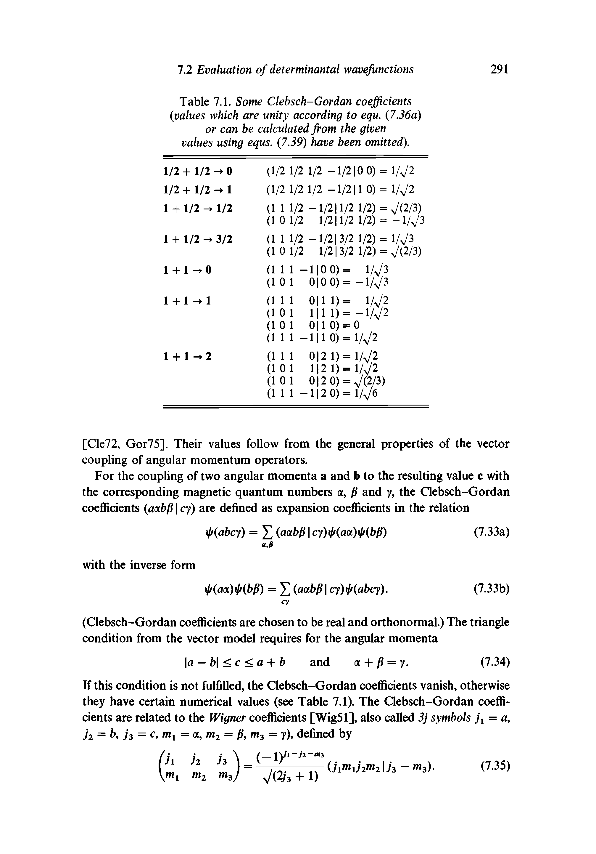 Table 7.1. Some Clebsch-Gordan coefficients (values which are unity according to equ. (7.36a) or can be calculated from the given values using equs. (7.39) have been omitted).