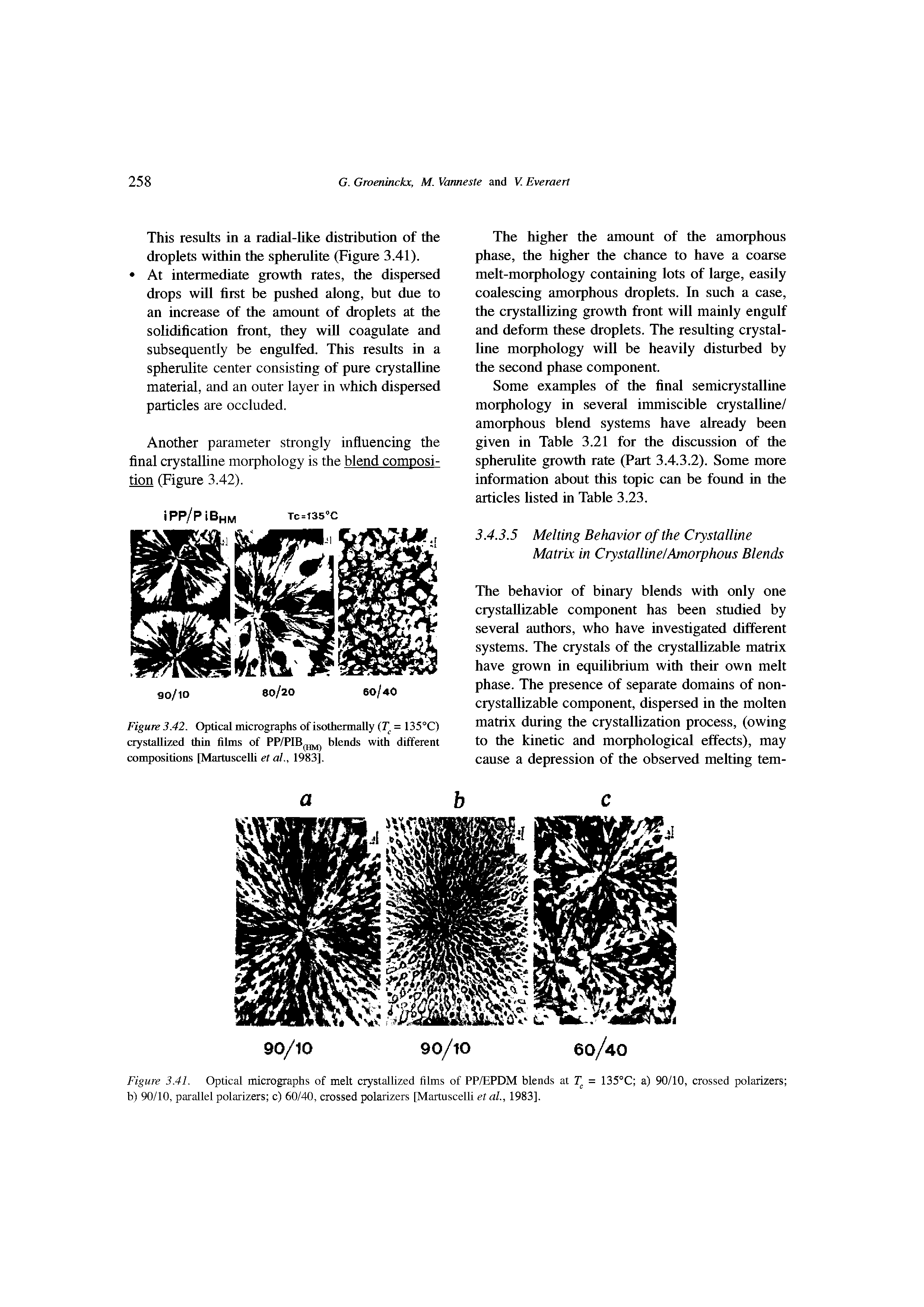 Figure 3.42. Optical micrographs of isothennally T = 135°C) crystallized thin films of PP/PlB jj j blends with different compositions [Martuscelli et at., 1983],...
