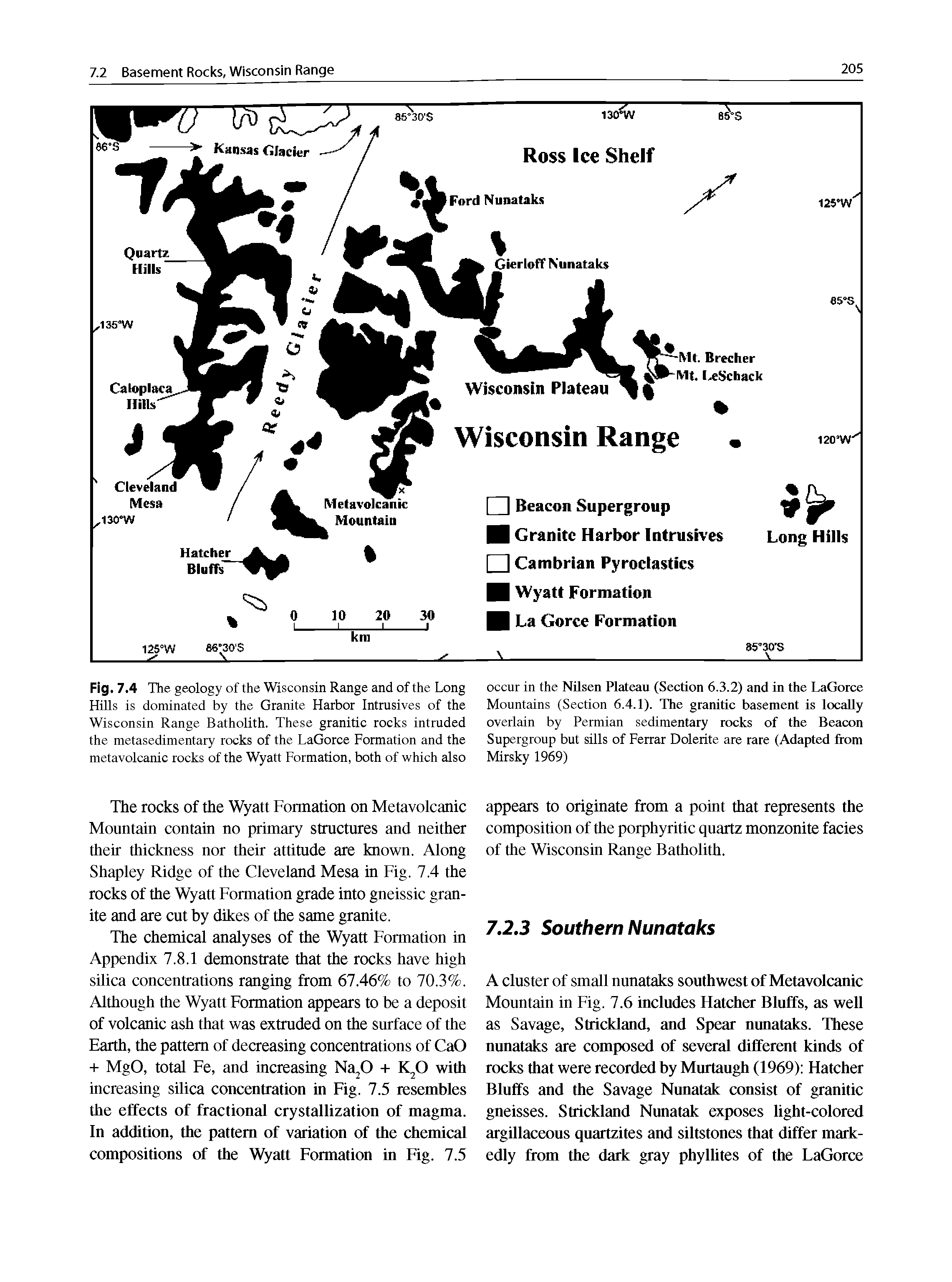Fig. 7.4 The geology of the Wisconsin Range and of the Long Hills is dominated by the Granite Harbor Intrusives of the Wisconsin Range Batholith. These granitic rocks intruded the metasedimentary rocks of the LaGorce Formation and the metavolcanic rocks of the Wyatt Formation, both of which also...