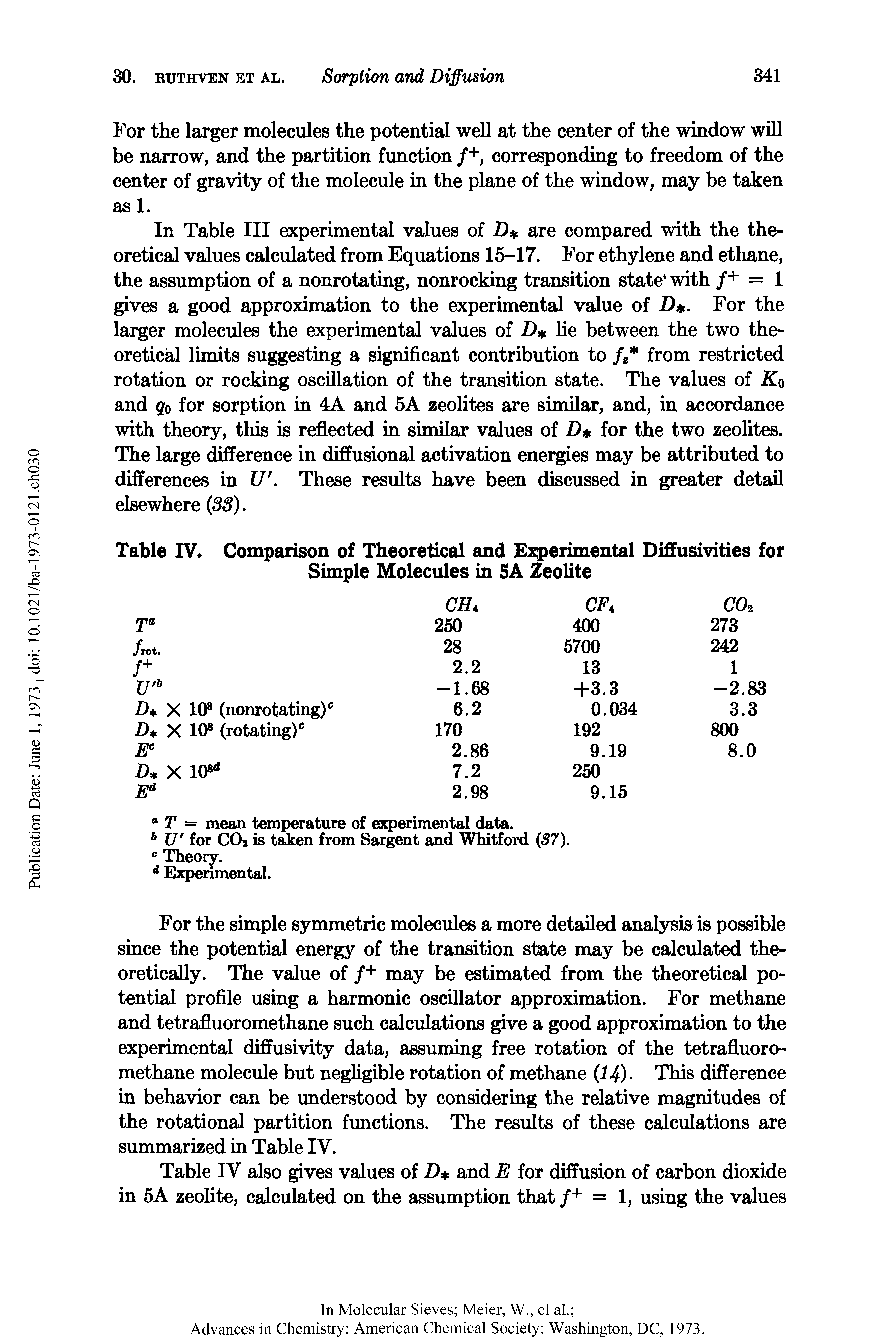 Table IV also gives values of D and E for diffusion of carbon dioxide in 5A zeolite, calculated on the assumption that /+ = 1, using the values...