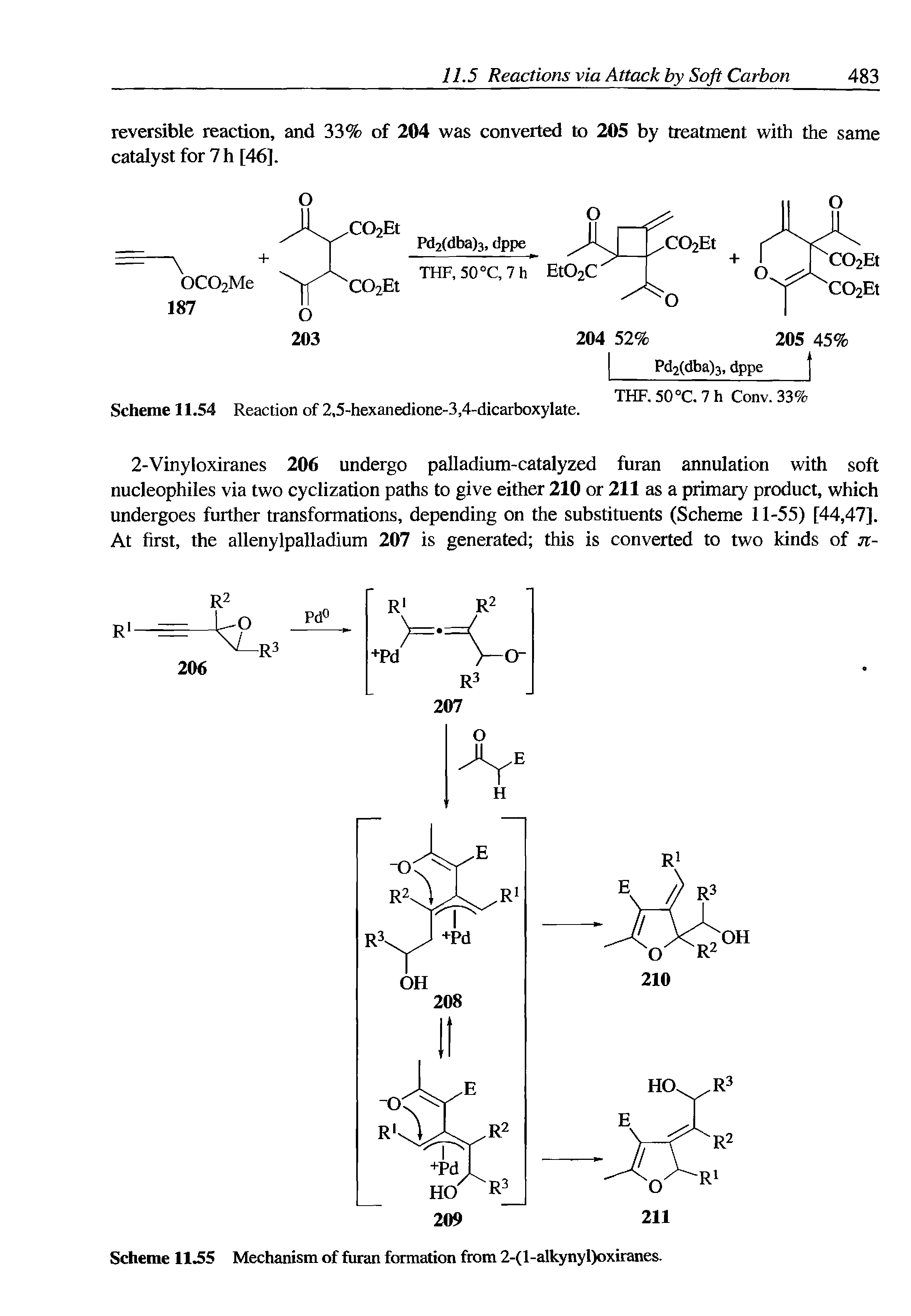 Scheme 11.55 Mechanism of furan formation from 2-(l-alkynyl)oxiranes.