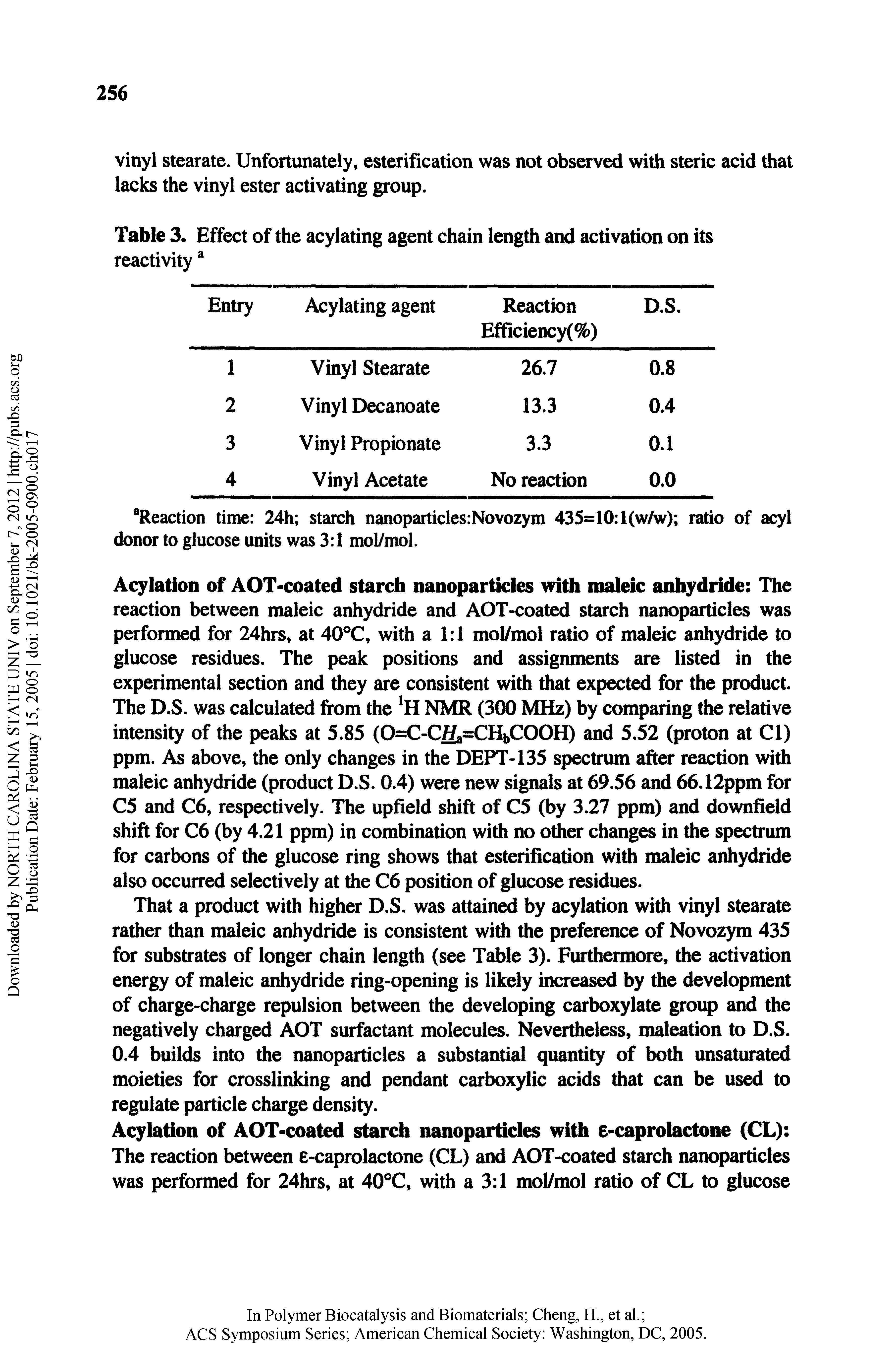 Table 3. Effect of the acylating agent chain length and activation on its reactivity ...
