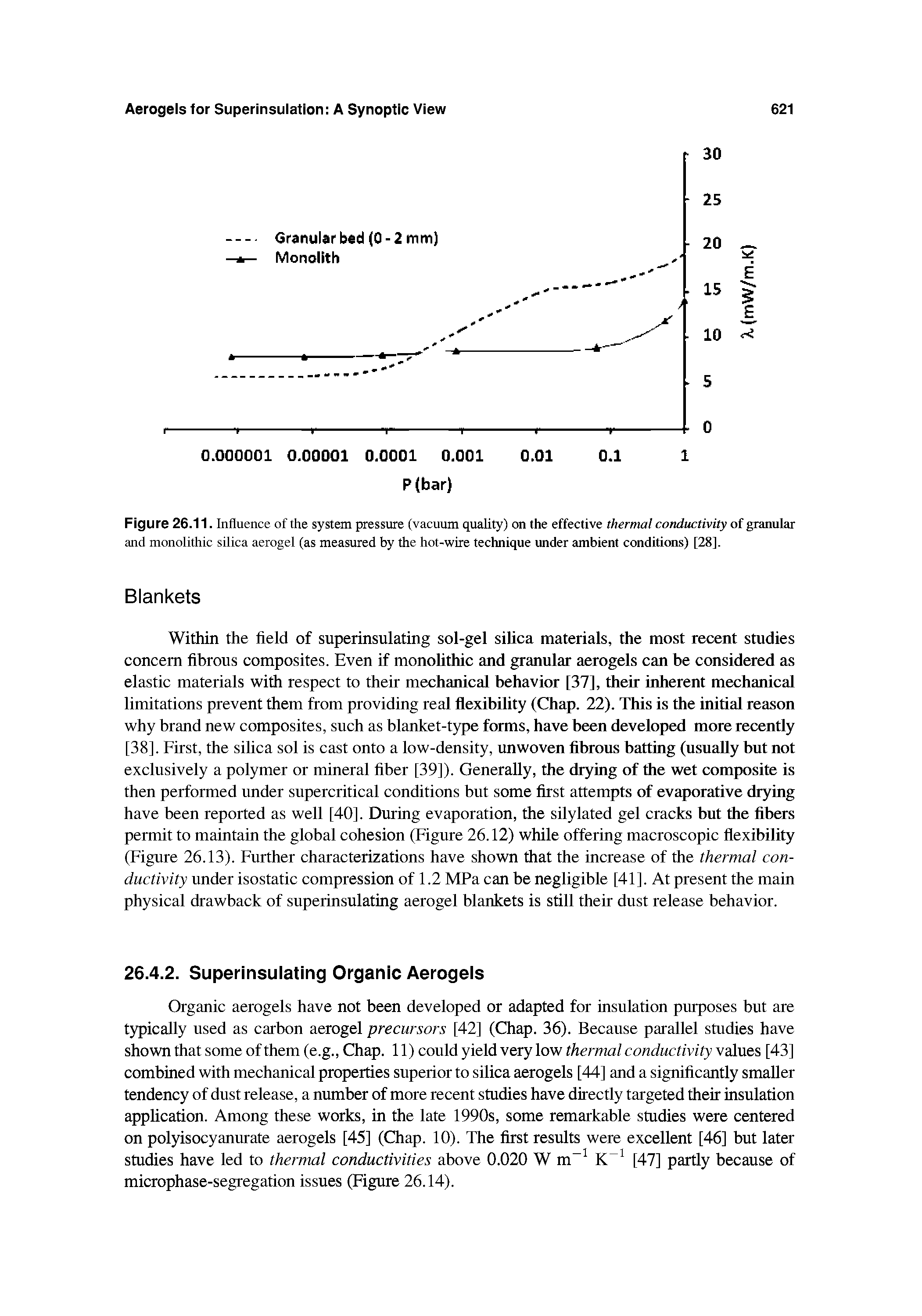 Figure 26.11. Influence of the system pressure (vacuum quality) on the effective thermal conductivity of granular and monolithic silica aerogel (as measured by the hot-wire technique under ambient conditions) [28].