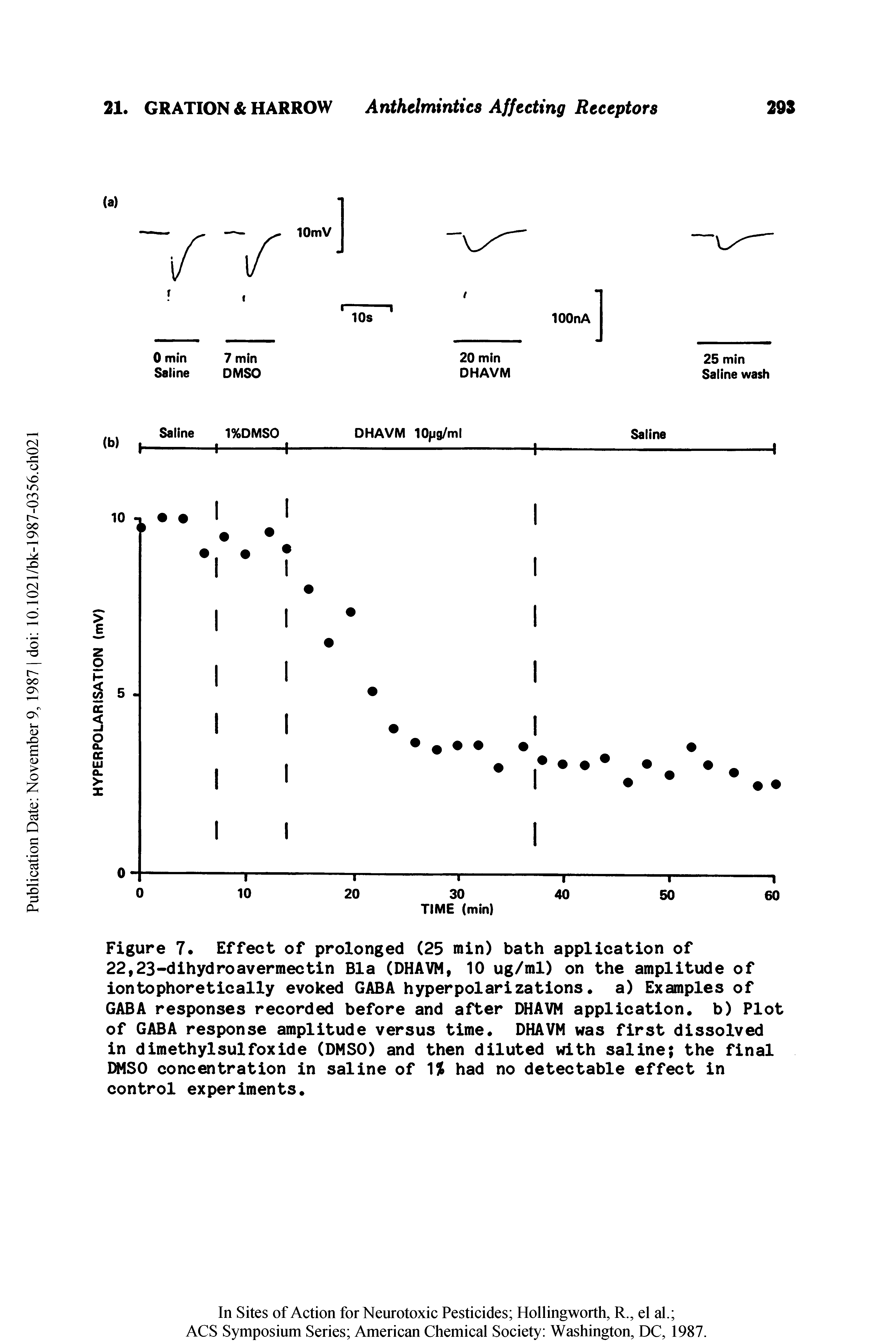 Figure 7. Effect of prolonged (25 min) bath application of 22,23-dihydroavermectin Bla (DHAVM, 10 ug/ml) on the amplitude of iontophoretically evoked GABA hyperpolarizations a) Examples of GABA responses recorded before and after DHAVM application b) Plot of GABA response amplitude versus time DHAVM was first dissolved in dimethylsulfoxide (DMSO) and then diluted with saline the final DMSO concentration in saline of 1% had no detectable effect in control experiments ...
