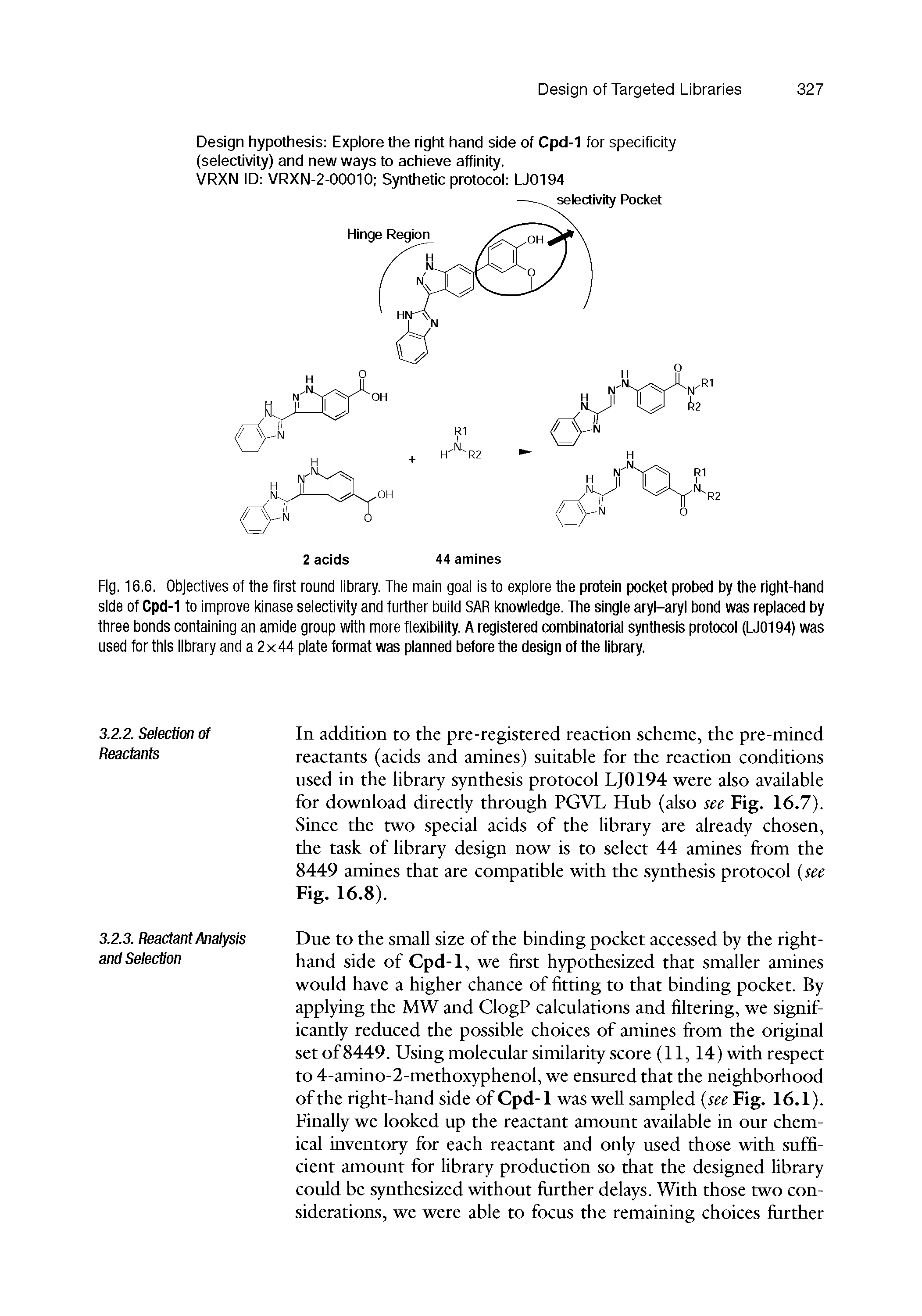 Fig. 16.6. Objectives of the first round library. The main goal is to explore the protein pocket probed by the right-hand side of Cpd-1 to improve kinase selectivity and further build SAR knowledge. The single aryl-aryl bond was replaced by three bonds containing an amide group with more flexibility. A registered combinatorial synthesis protocol (LJ0194) was used for this library and a 2x44 plate format was planned before the design of the library.
