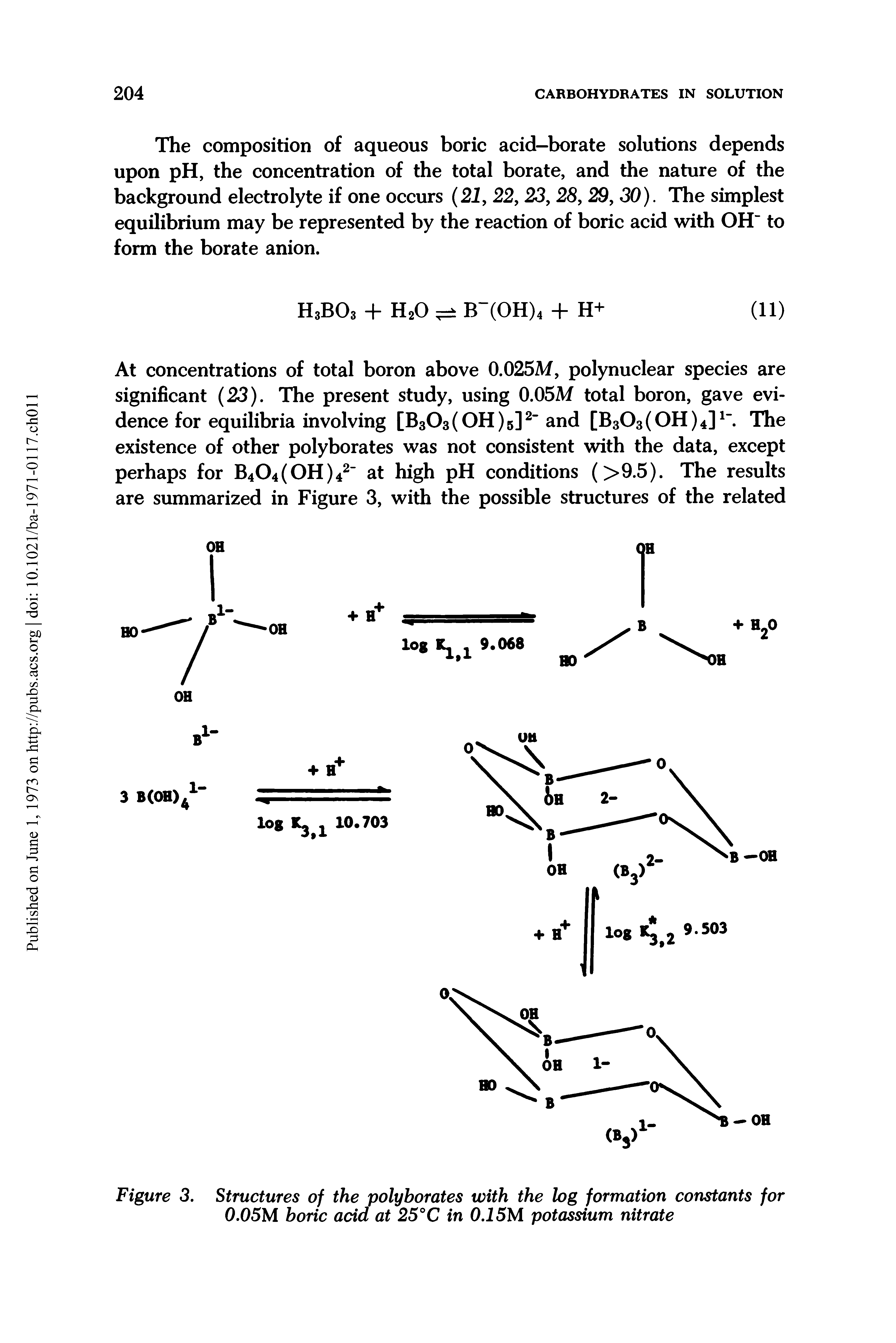 Figure 3. Structures of the polyhorates with the log formation constants for 0.05M boric acid at 25°C in 0.15M potassium nitrate...