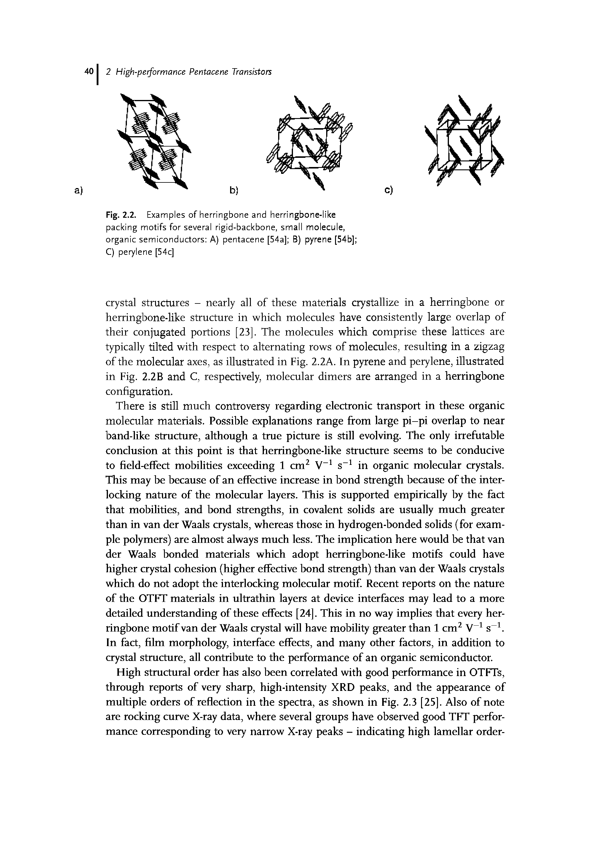 Fig. 2.2. Examples of herringbone and herringbone-like packing motifs for several rigid-backbone, small molecule, organic semiconductors A) pentacene [54a] B) pyrene [54b] C) perylene [54c]...