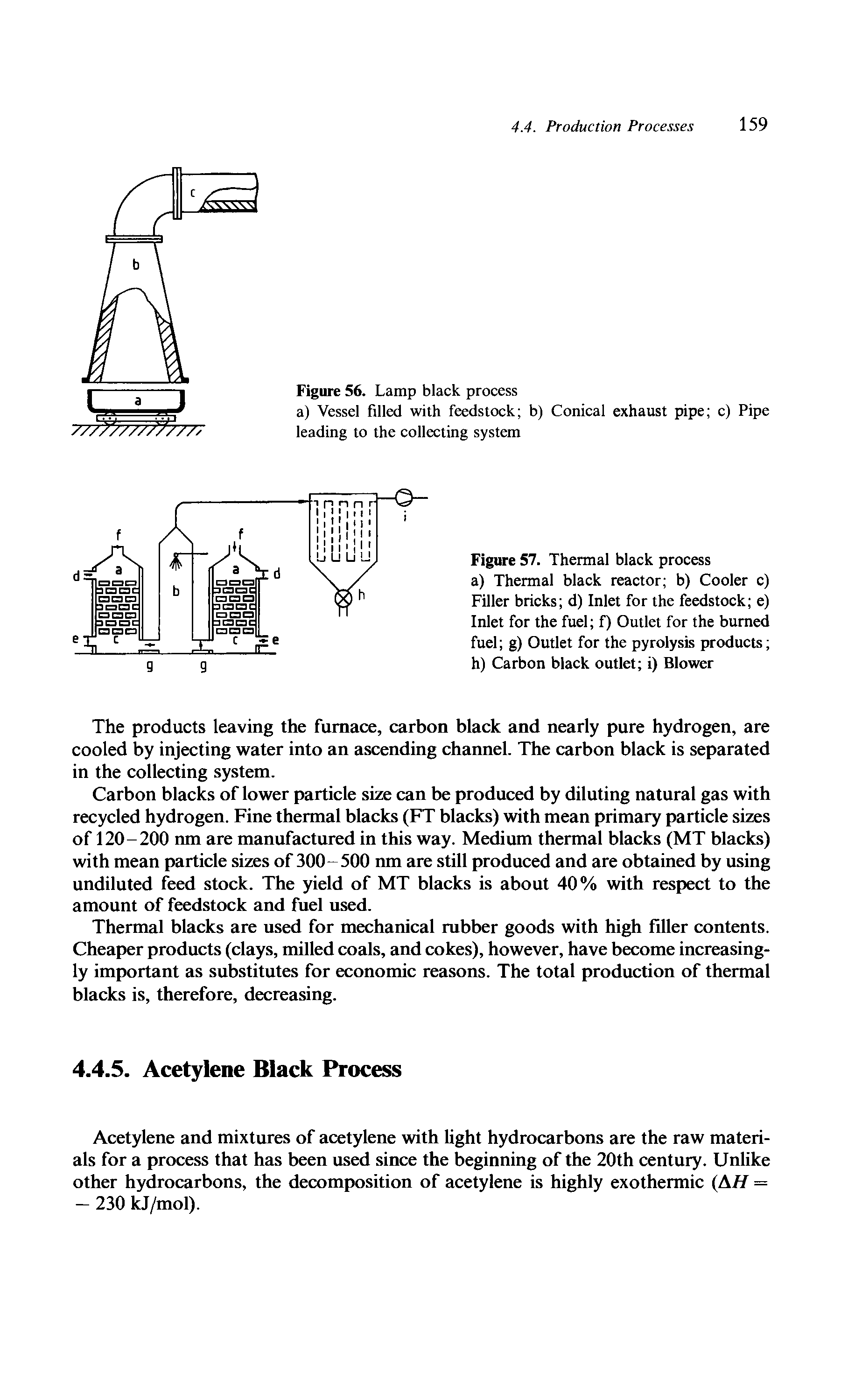 Figure 57. Thermal black process a) Thermal black reactor b) Cooler c) Filler bricks d) Inlet for the feedstock e) Inlet for the fuel f) Outlet for the burned fuel g) Outlet for the pyrolysis products h) Carbon black outlet i) Blower...