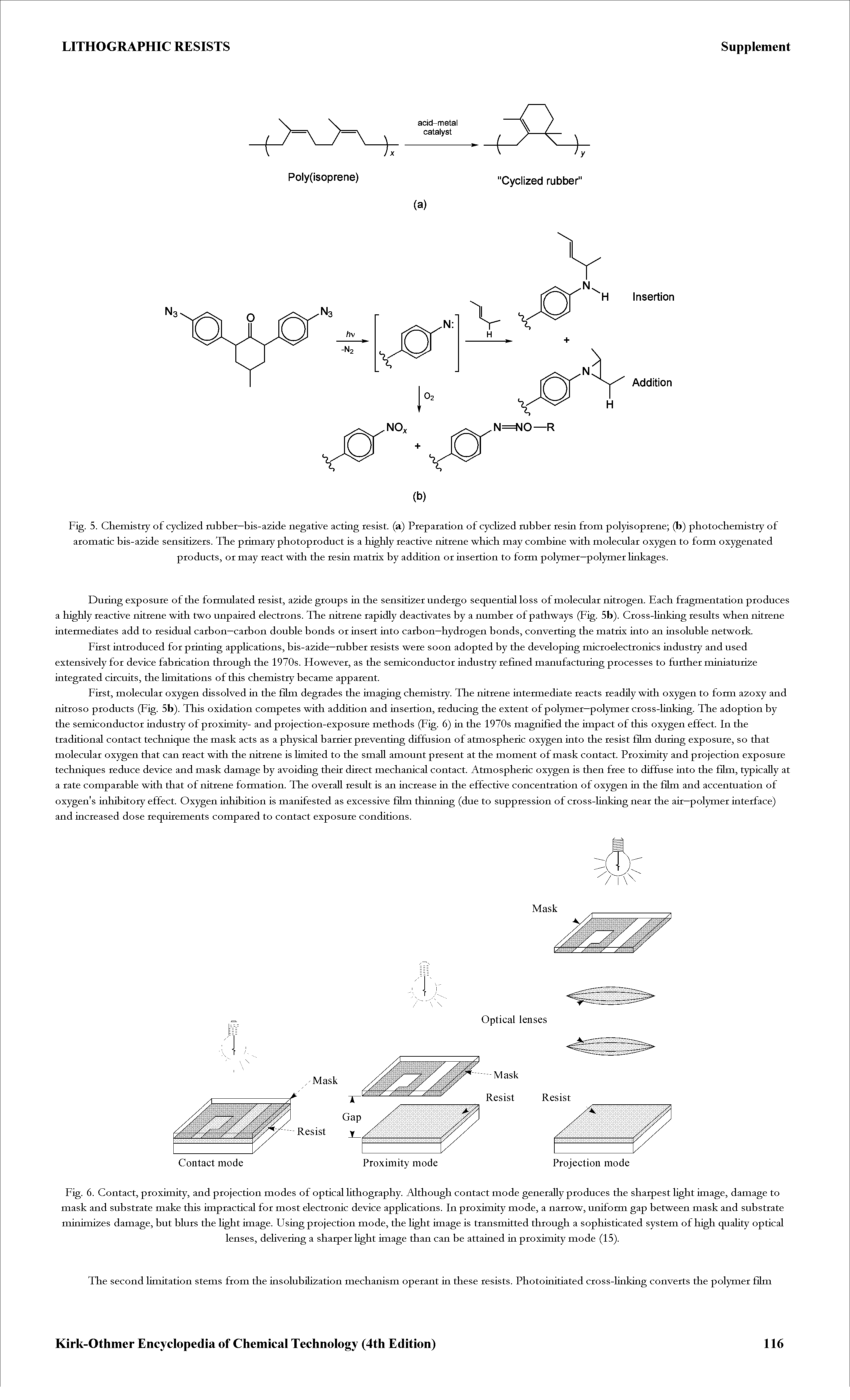 Fig. 5. Chemistry of cyclized mbbei—bis-a2ide negative acting resist, (a) Preparation of cyclized mbber resin from polyisoprene (b) photochemistry of aromatic bis-a2ide sensiti2ers. The primary photoproduct is a highly reactive nitrene which may combine with molecular oxygen to form oxygenated products, or may react with the resin matrix by addition or insertion to form polymer—polymer linkages.