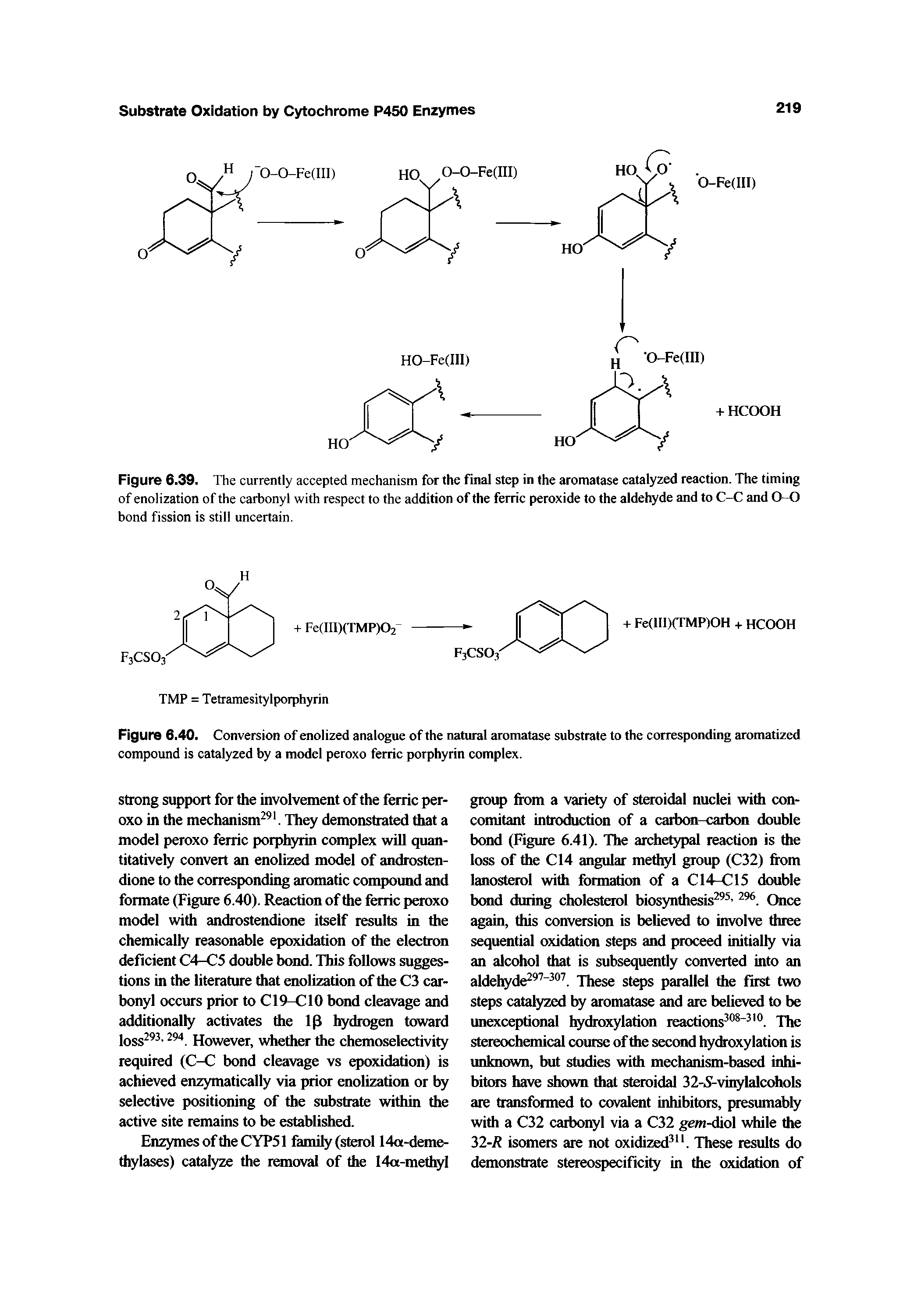 Figure 6.40. Conversion of enolized analogue of the mtural aromatase substrate to the corresponding aromatized compound is catalyzed by a model peroxo ferric porphyrin complex.