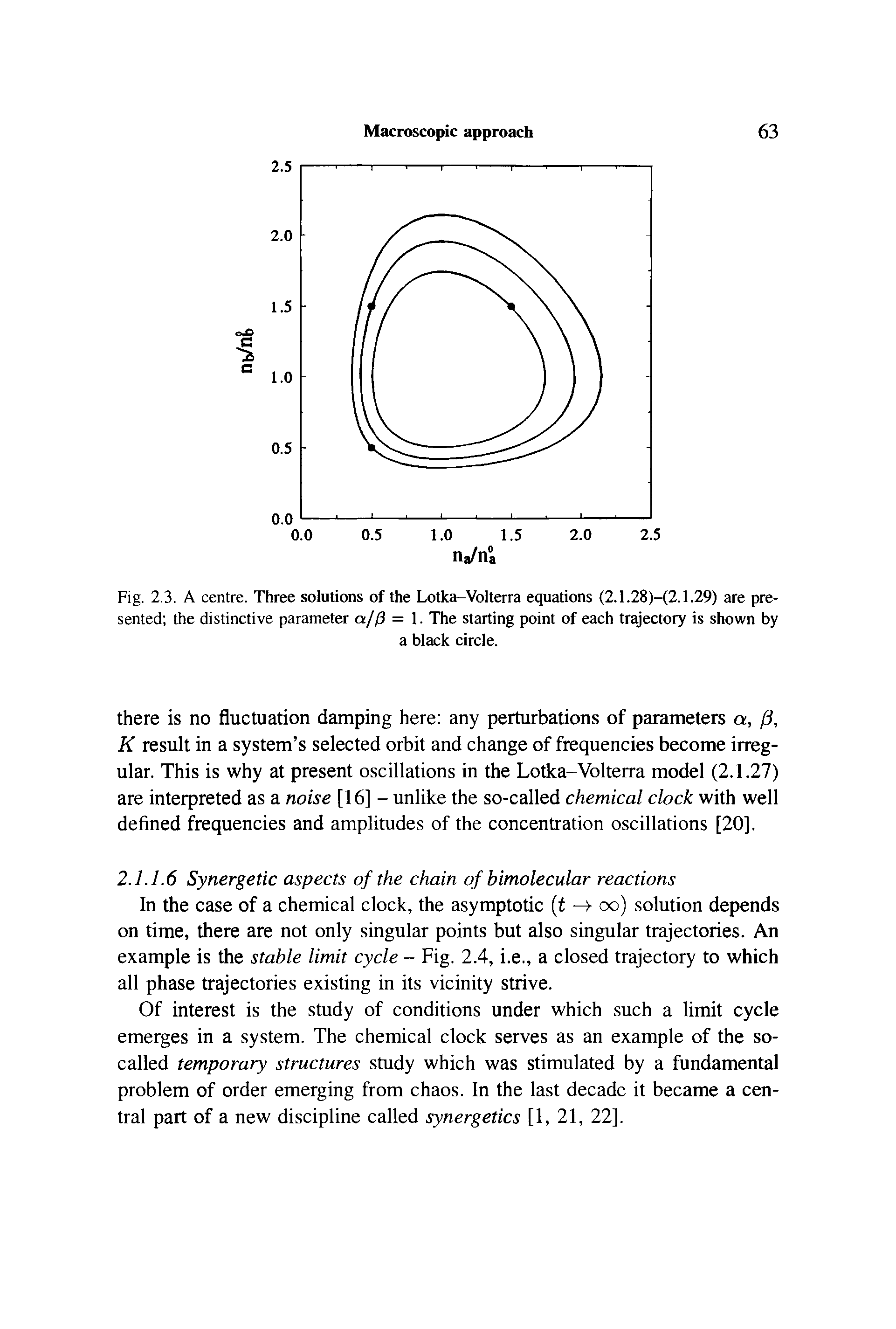 Fig. 2.3. A centre. Three solutions of the Lotka-Volterra equations (2.1.28)-(2.1.29) are presented the distinctive parameter a//3 = 1. The starting point of each trajectory is shown by...