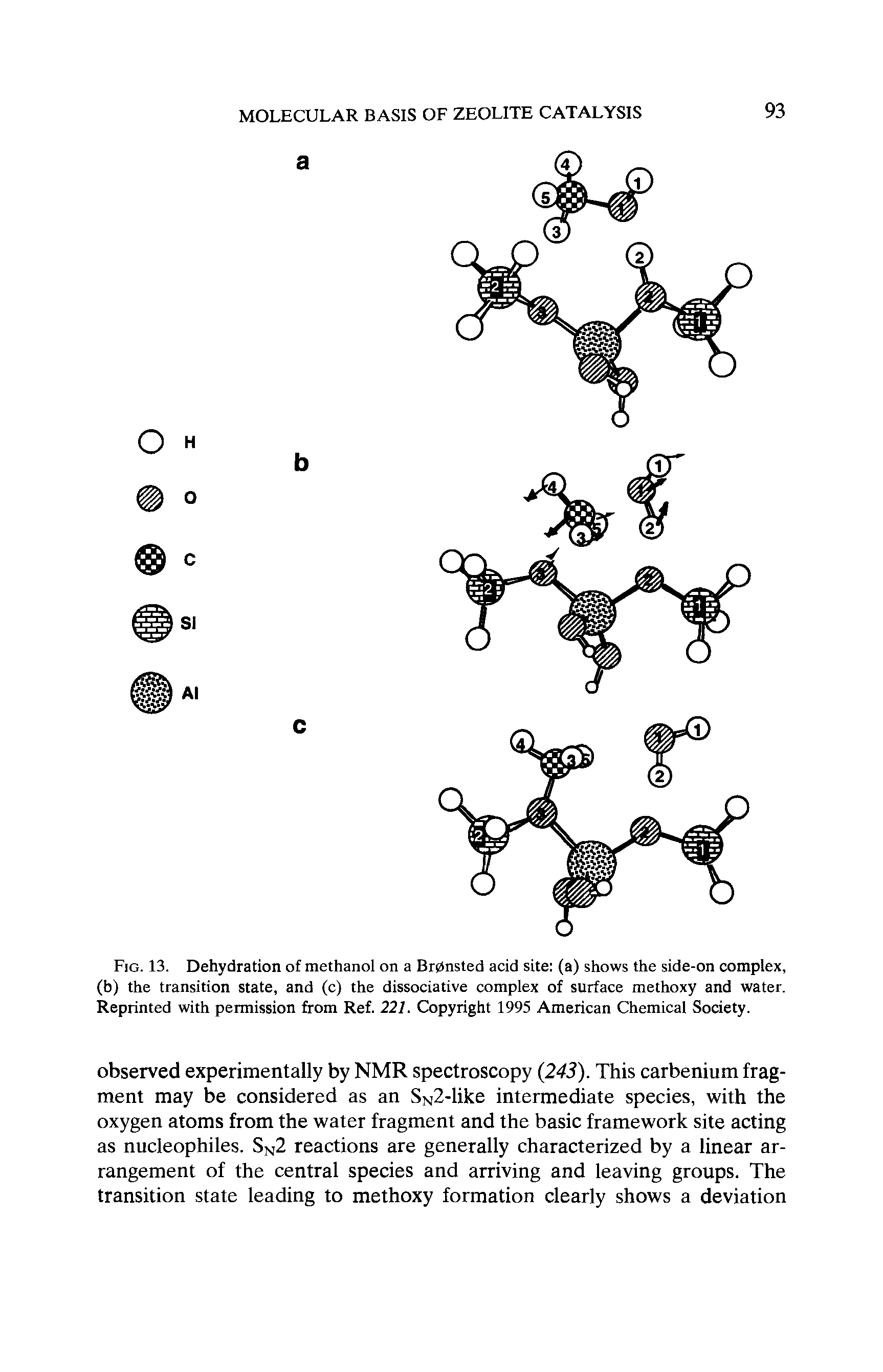 Fig. 13. Dehydration of methanol on a Brdnsted acid site (a) shows the side-on complex, (b) the transition state, and (c) the dissociative complex of surface methoxy and water. Reprinted with permission from Ref. 221. Copyright 1995 American Chemical Society.
