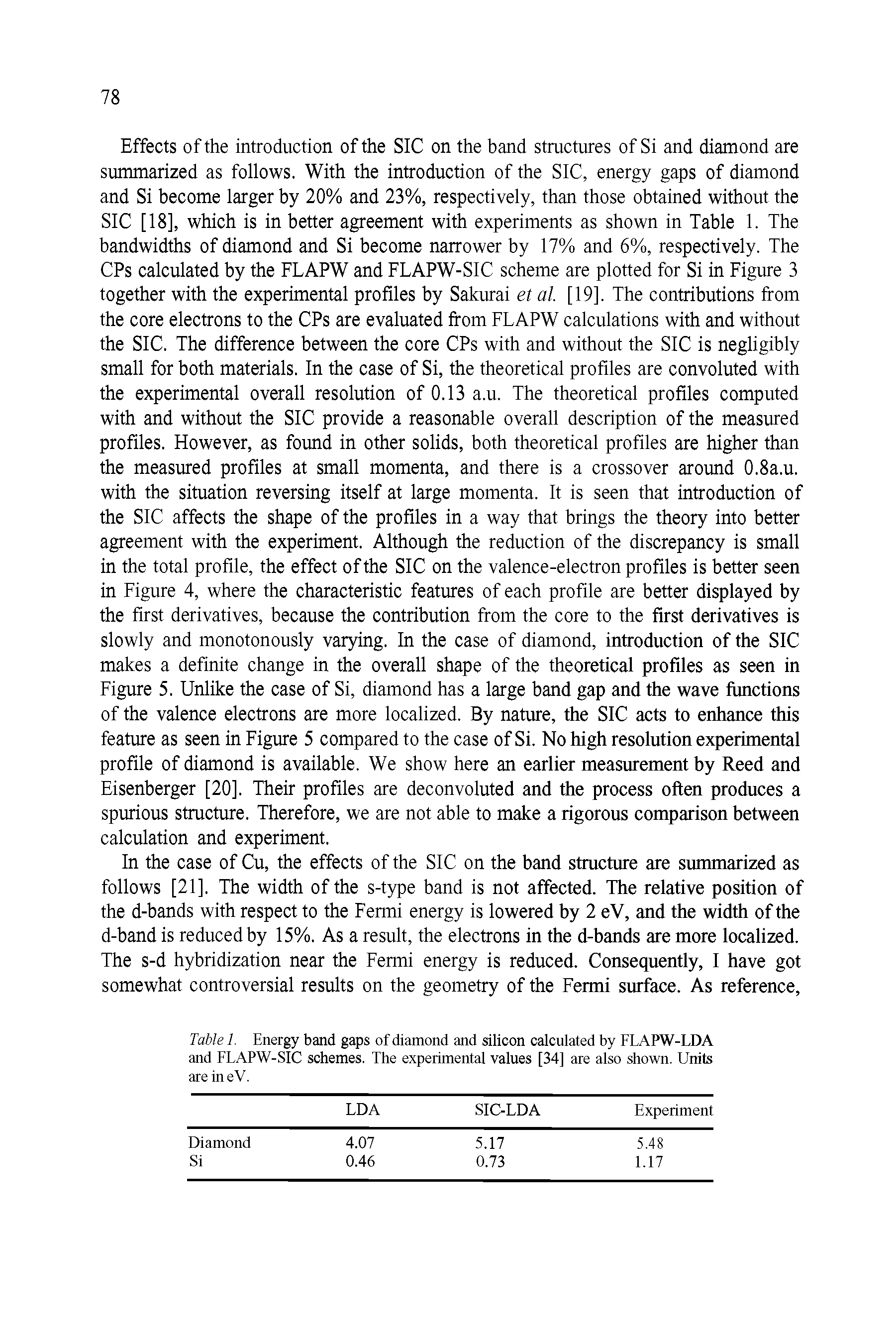 Table 1. Energy band gaps of diamond and silicon calculated by FLAPW-LDA and FLAPW-SIC schemes. The experimental values [34] are also shown. Units are in eV.