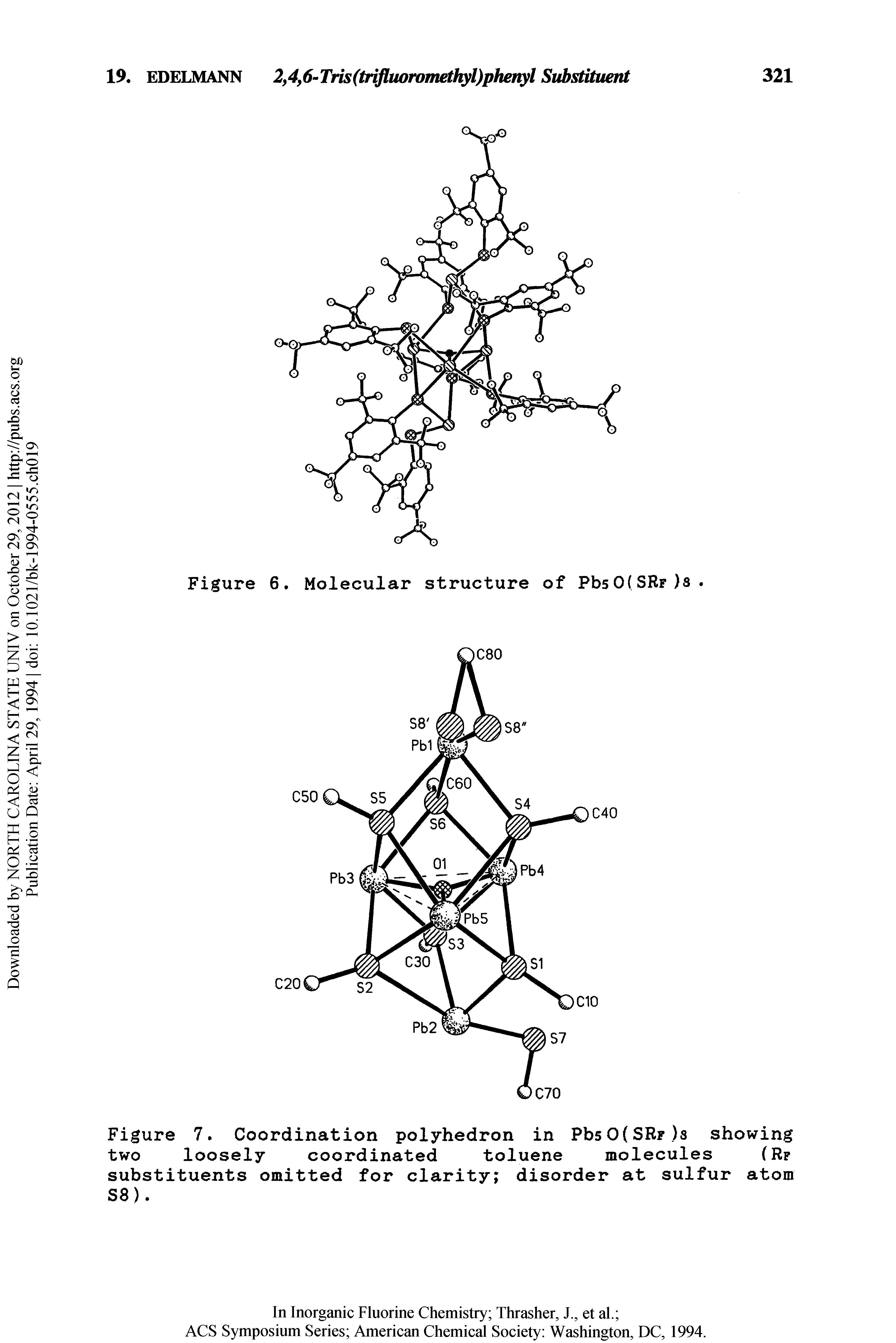 Figure 7, Coordination polyhedron in Pb50(SRr)s showing two loosely coordinated toluene molecules (Rp substituents omitted for clarity disorder at sulfur atom S8).