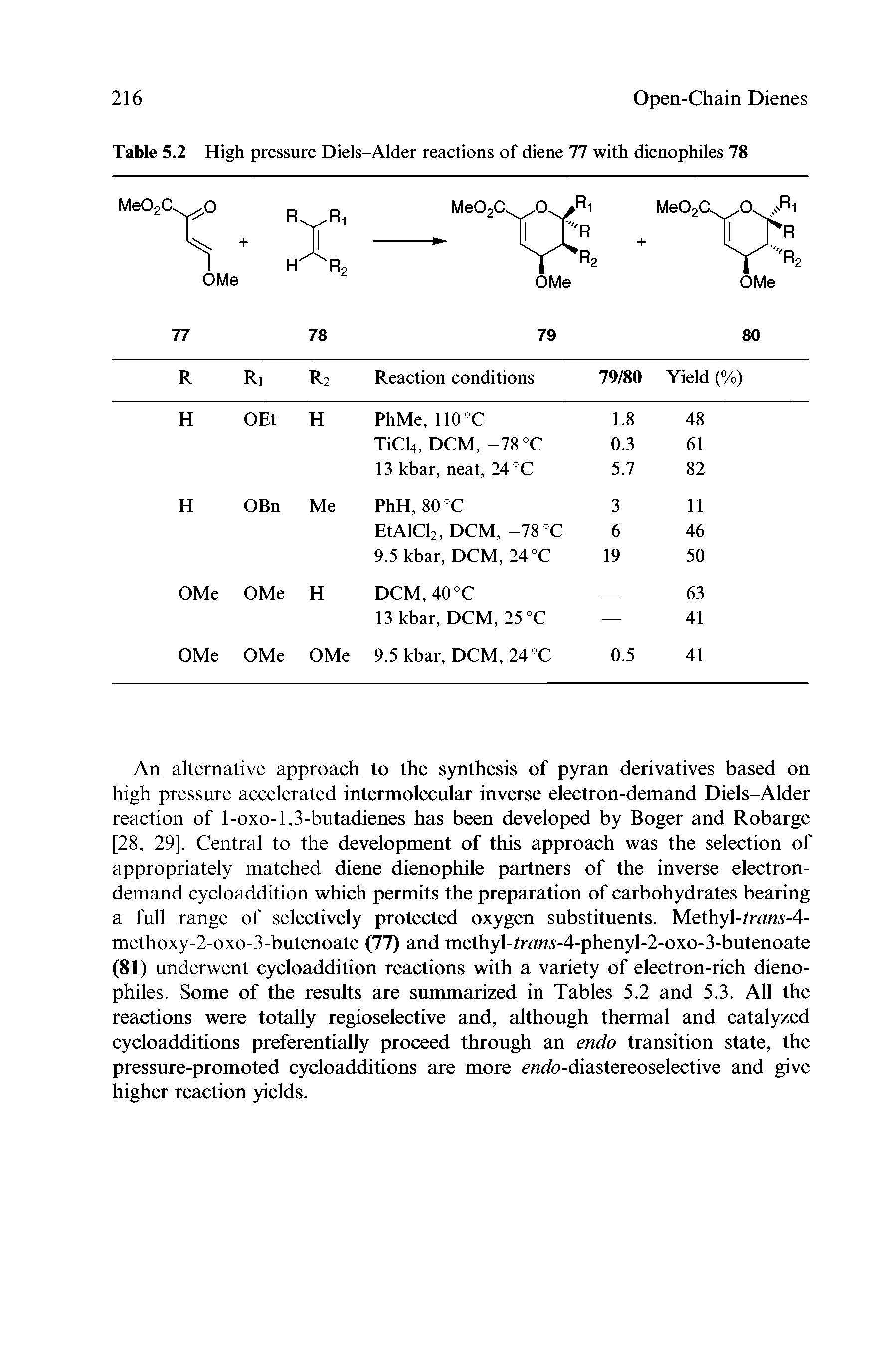 Table 5.2 High pressure Diels-Alder reactions of diene 77 with dienophiles 78...