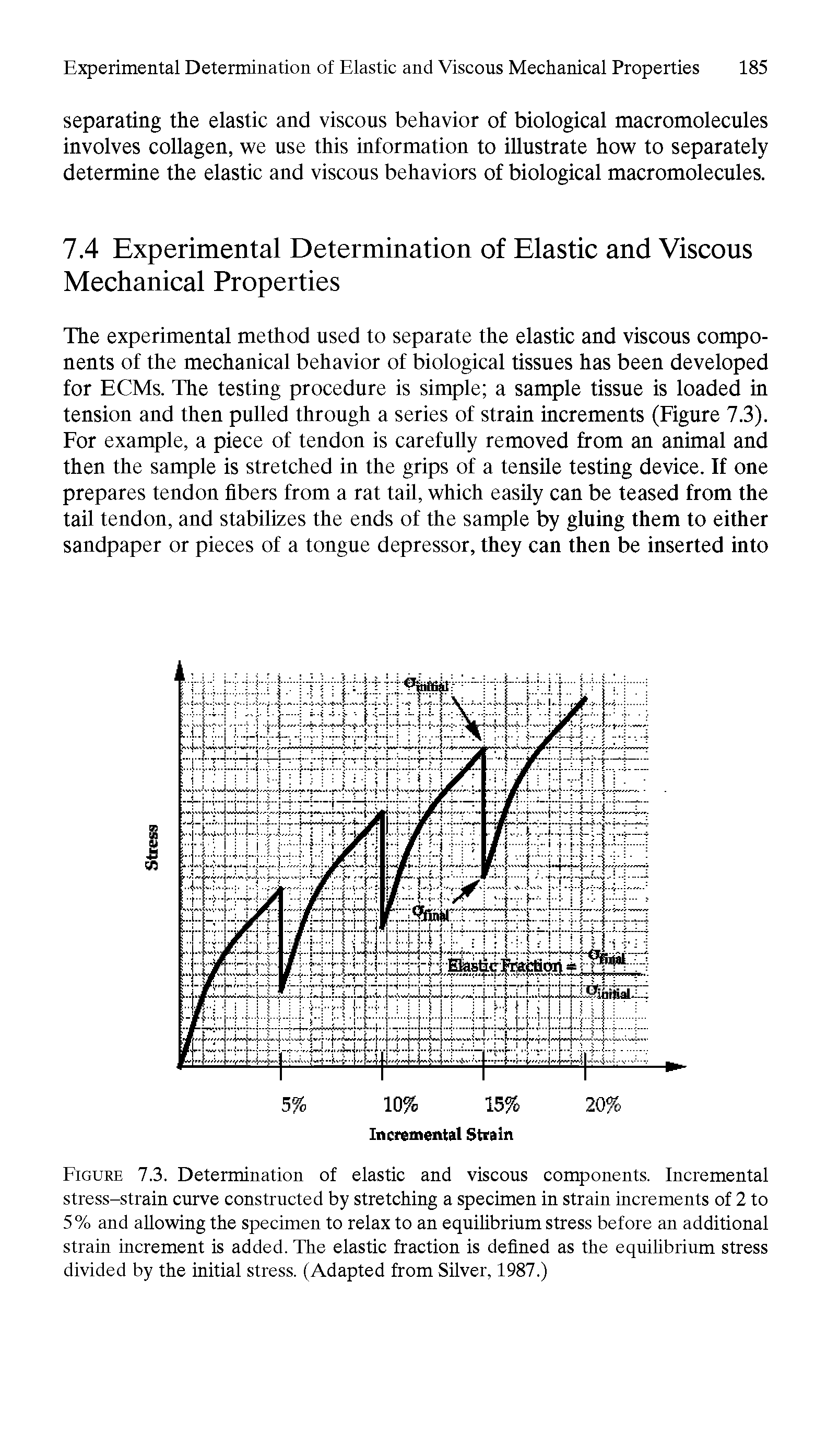 Figure 7.3. Determination of elastic and viscous components. Incremental stress-strain curve constructed by stretching a specimen in strain increments of 2 to 5% and allowing the specimen to relax to an equilibrium stress before an additional strain increment is added. The elastic fraction is defined as the equilibrium stress divided by the initial stress. (Adapted from Silver, 1987.)...
