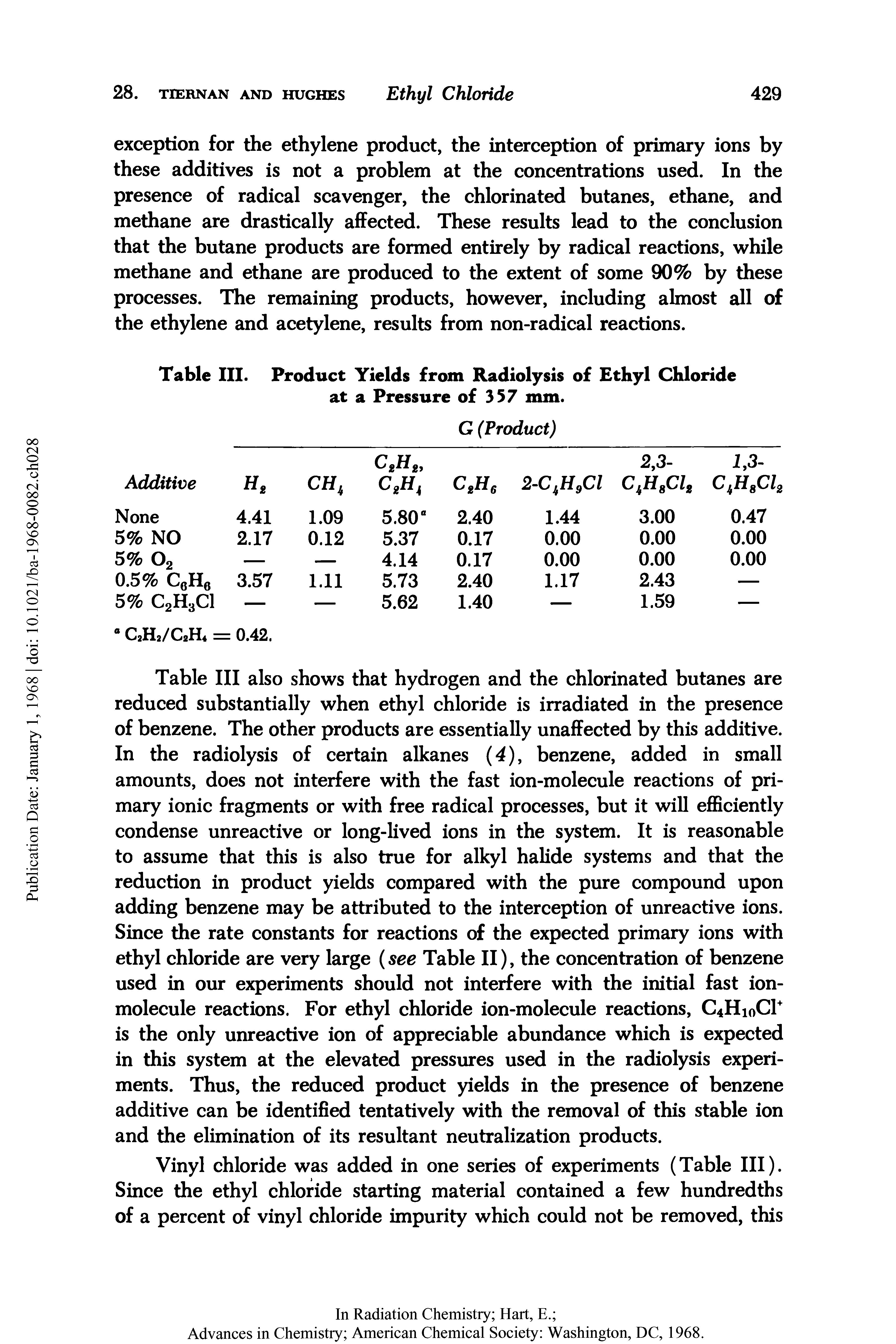 Table III also shows that hydrogen and the chlorinated butanes are reduced substantially when ethyl chloride is irradiated in the presence of benzene. The other products are essentially unaffected by this additive. In the radiolysis of certain alkanes (4), benzene, added in small amounts, does not interfere with the fast ion-molecule reactions of primary ionic fragments or with free radical processes, but it will efficiently condense unreactive or long-lived ions in the system. It is reasonable to assume that this is also true for alkyl halide systems and that the reduction in product yields compared with the pure compound upon adding benzene may be attributed to the interception of unreactive ions. Since the rate constants for reactions of the expected primary ions with ethyl chloride are very large (see Table II), the concentration of benzene used in our experiments should not interfere with the initial fast ion-molecule reactions. For ethyl chloride ion-molecule reactions, C4Hi0C1+ is the only unreactive ion of appreciable abundance which is expected in this system at the elevated pressures used in the radiolysis experiments. Thus, the reduced product yields in the presence of benzene additive can be identified tentatively with the removal of this stable ion and the elimination of its resultant neutralization products.