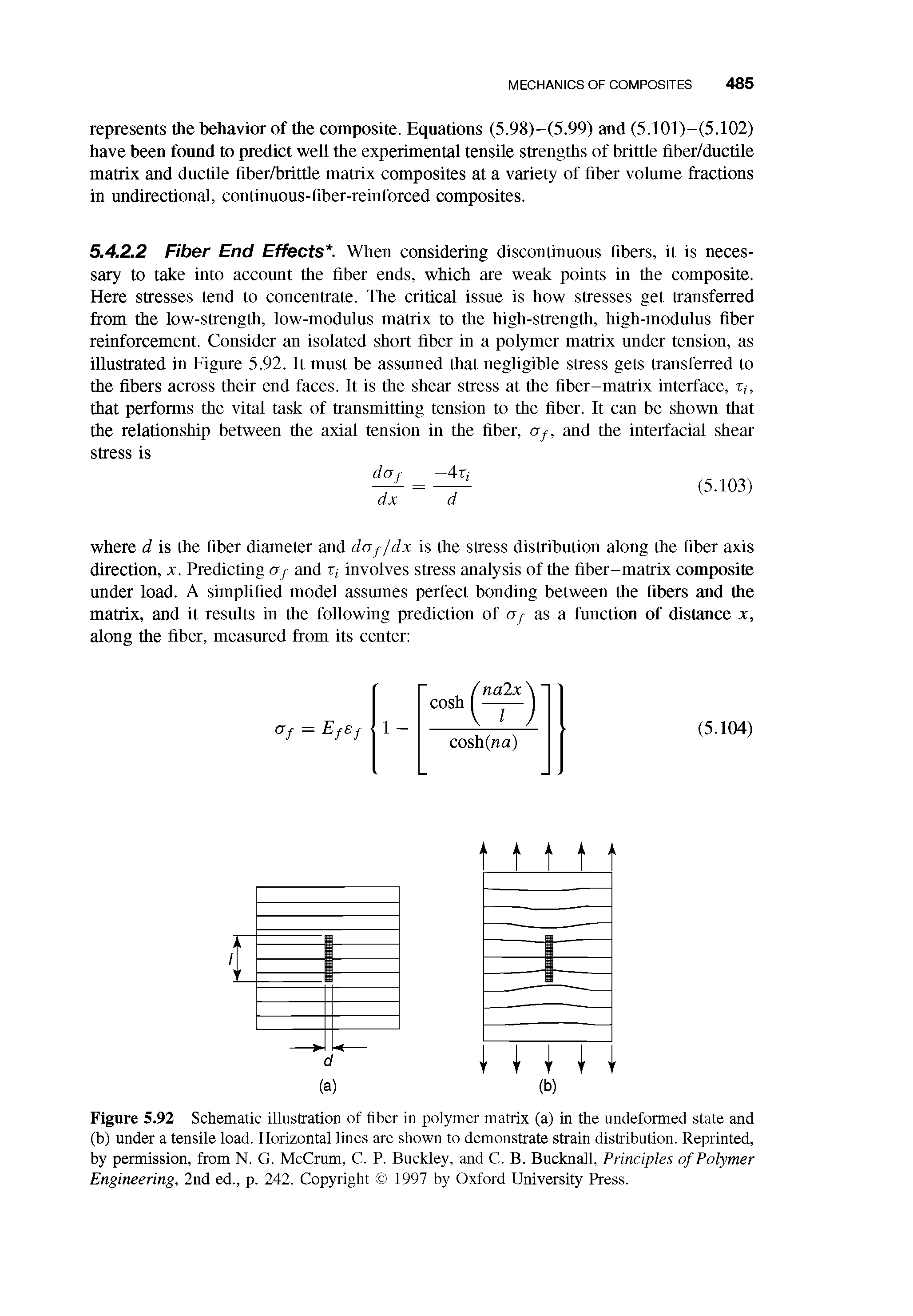 Figure 5.92 Schematic illustration of fiber in polymer matrix (a) in the undeformed state and (b) under a tensile load. Horizontal lines are shown to demonstrate strain distribution. Reprinted, by permission, from N. G. McCrum, C. P. Buckley, and C. B. Bucknall, Principles of Polymer Engineering, 2nd ed., p. 242. Copyright 1997 by Oxford University Press.