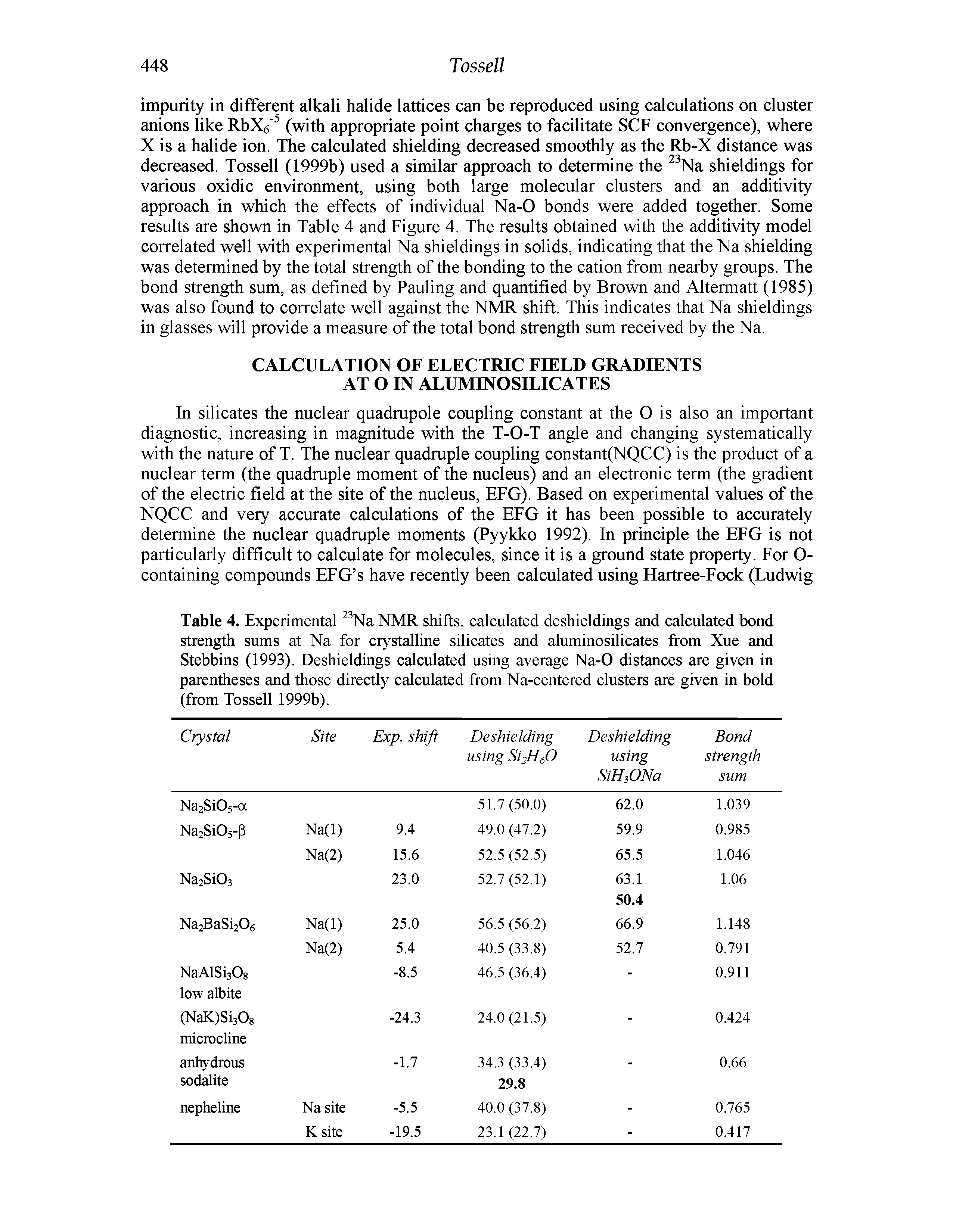 Table 4. Experimental NMR shifts, calculated deshieldings and calculated bond strength siuns at Na for crystalline silicates and aluminosilicates from Xue and Stebbins (1993). Deshieldings calculated using average Na-0 distances are given in parenlheses and those directly calculated from Na-centered clusters are given in bold (from Tossell 1999b).