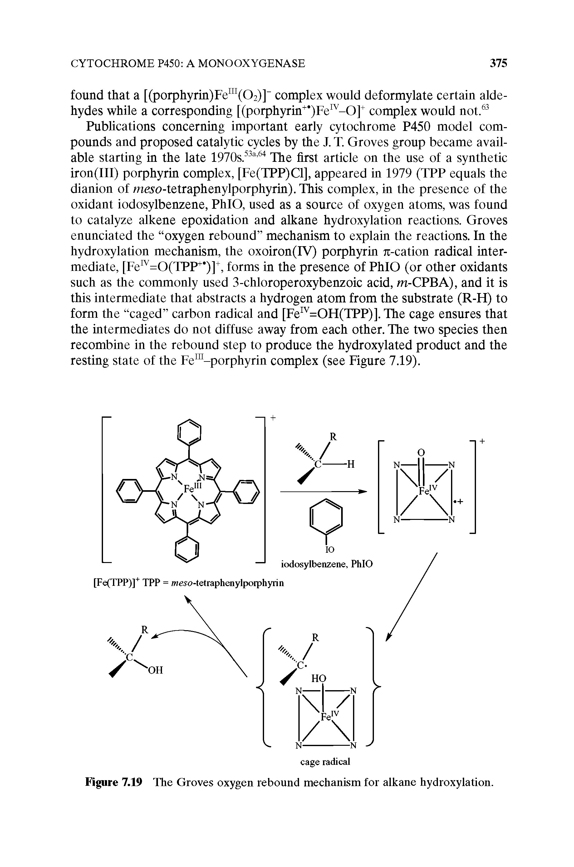 Figure 7.19 The Groves oxygen rebound mechanism for alkane hydroxylation.