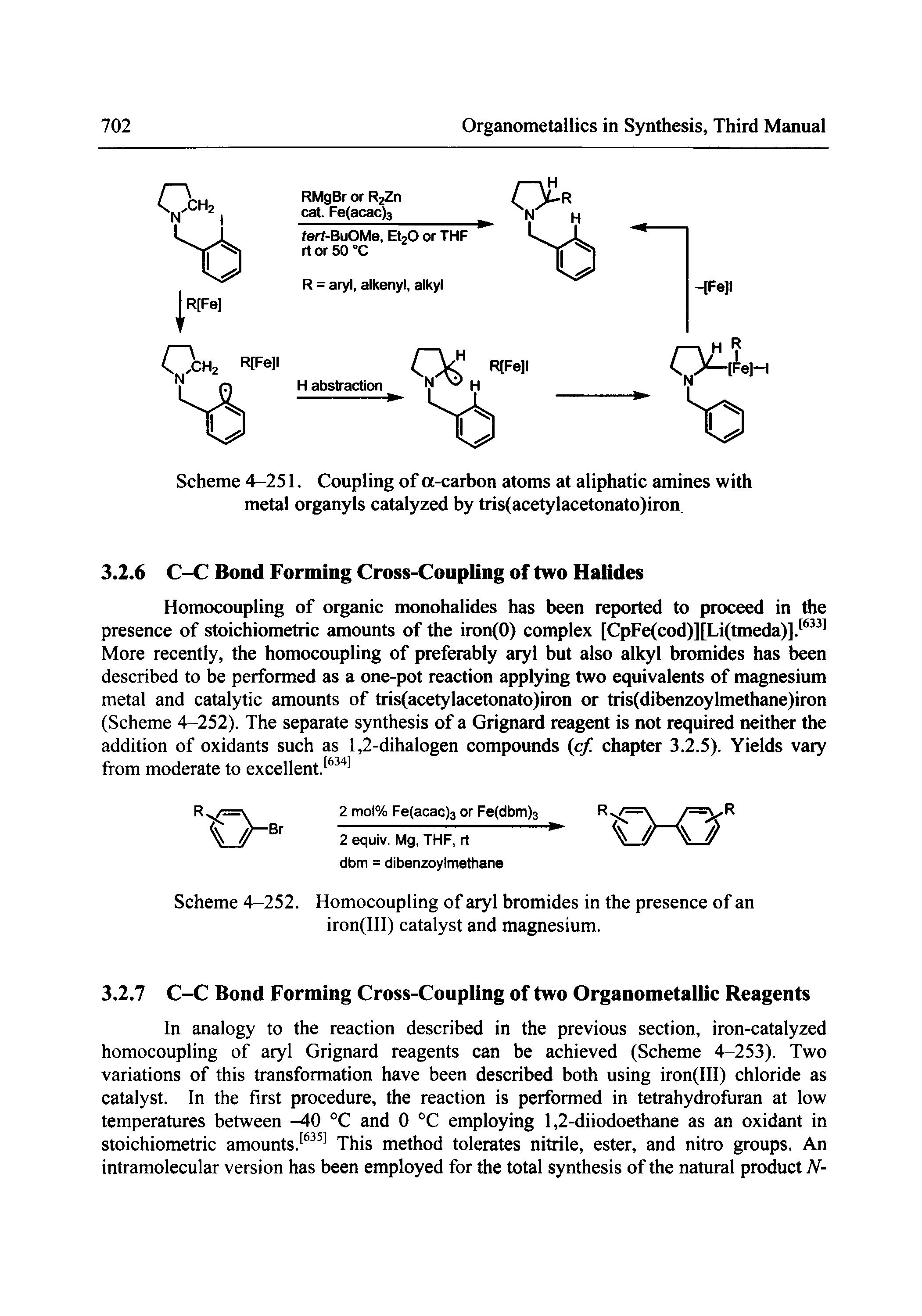 Scheme 4-251. Coupling of a-carbon atoms at aliphatic amines with metal organyls catalyzed by tris(acetylacetonato)iron.