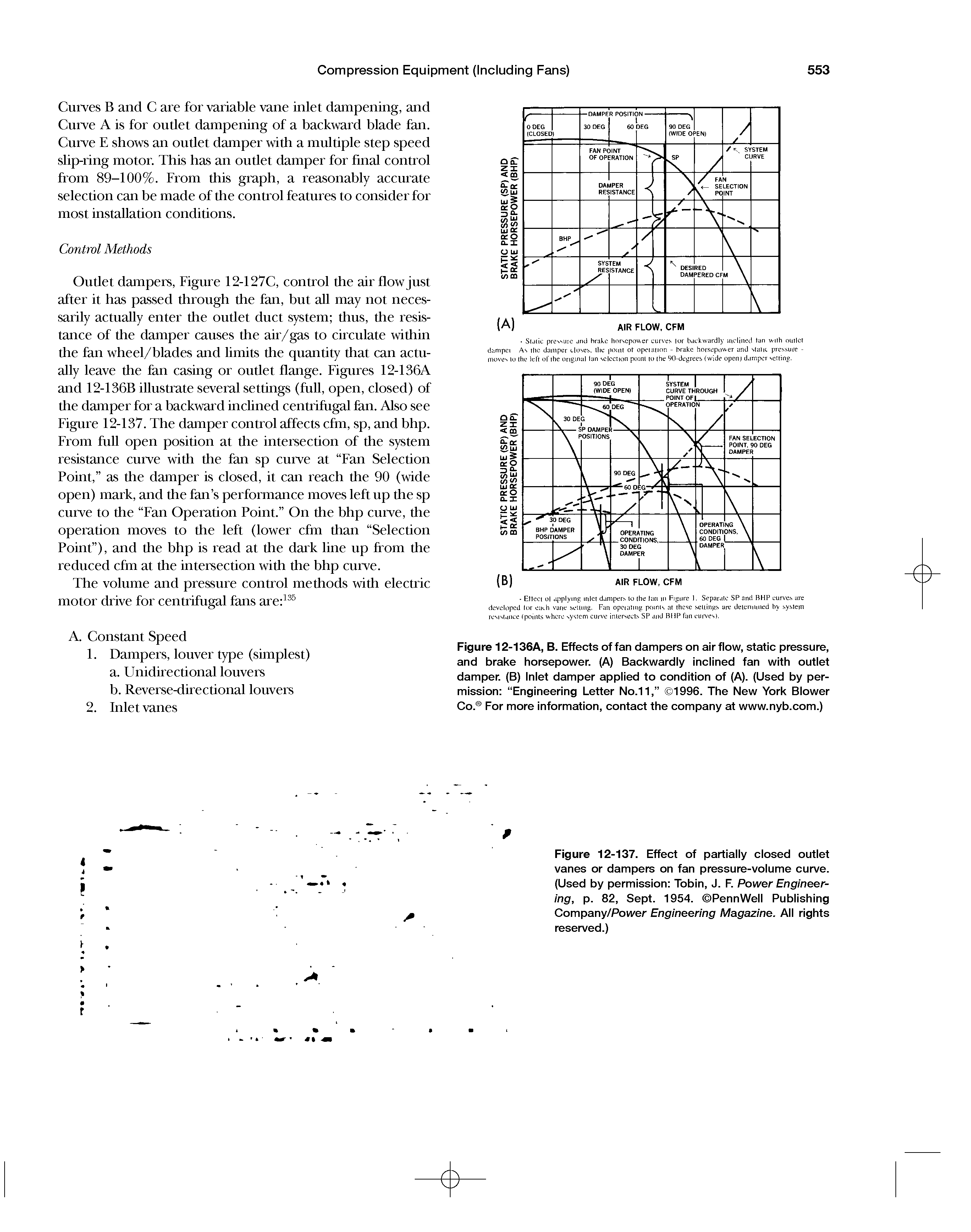 Figure 12-136A, B. Effects of fan dampers on airflow, static pressure, and brake horsepower. (A) Backwardiy inciined fan with outiet damper. (B) iniet damper appiied to condition of (A). (Used by permission Engineering Letter No.11, 1996. The New York Biower Co. For more information, contact the company at www.nyb.com.)...