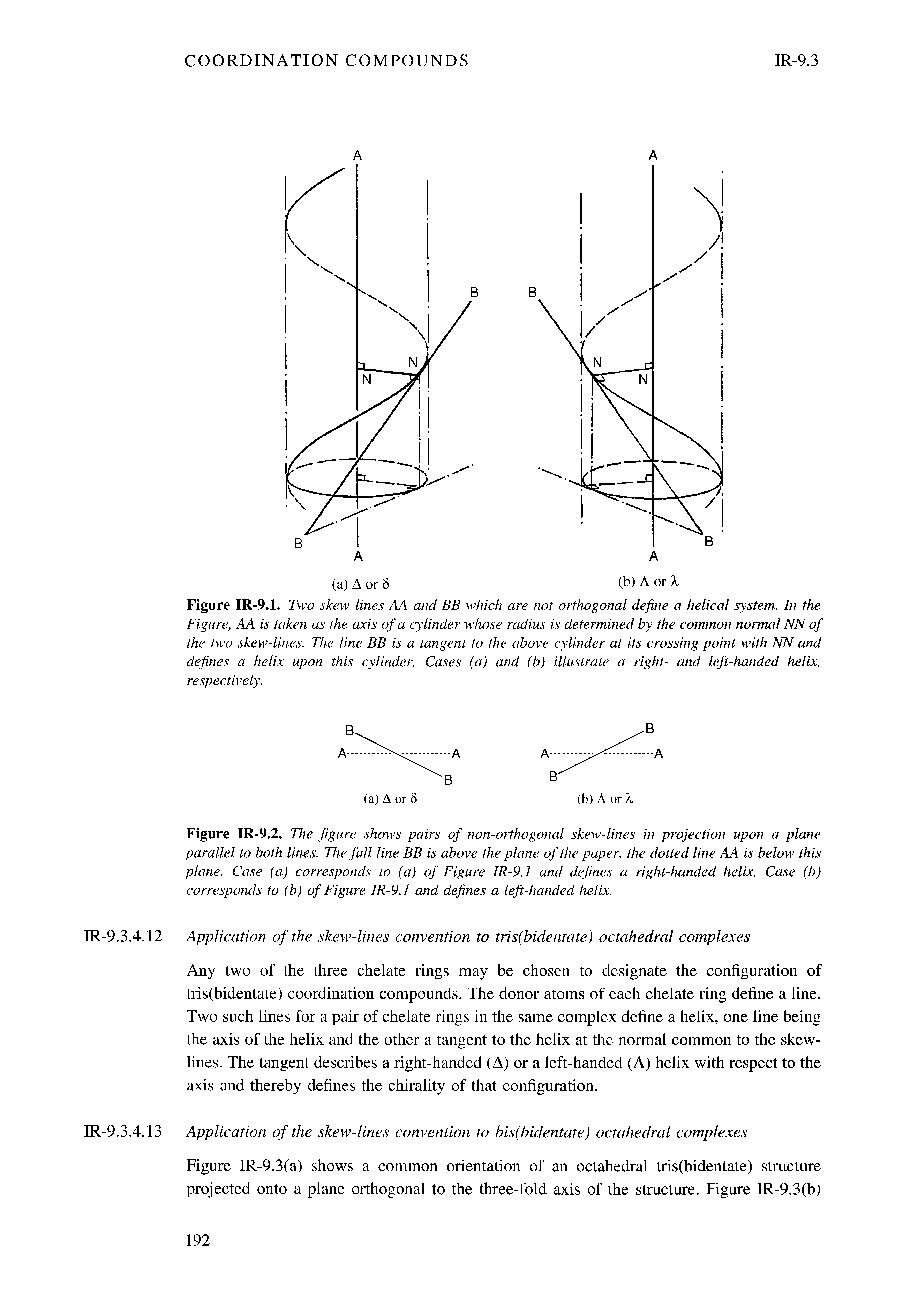 Figure IR-9.1. Two skew lines AA and BB which are not orthogonal define a helical system. In the Figure, AA is taken as the axis of a cylinder whose radius is determined by the common normal NN of the two skew-lines. The line BB is a tangent to the above cylinder at its crossing point with NN and defines a helix upon this cylinder. Cases (a) and (b) illustrate a right- and left-handed helix, respectively.