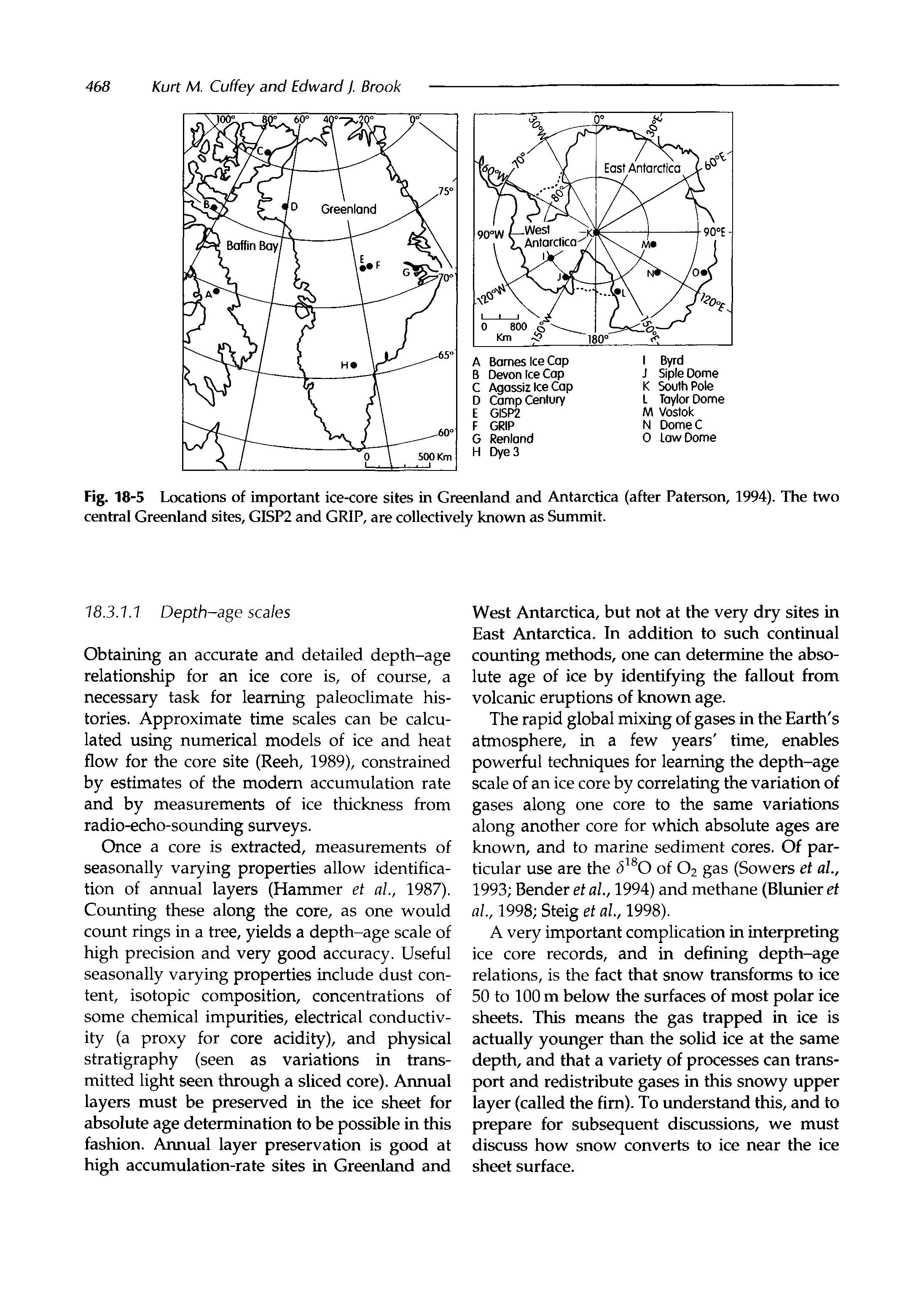 Fig. 18-5 Locations of important ice-core sites in Greenland and Antarctica (after Paterson, 1994). The two central Greenland sites, GISP2 and GRIP, are collectively known as Suiiunit.