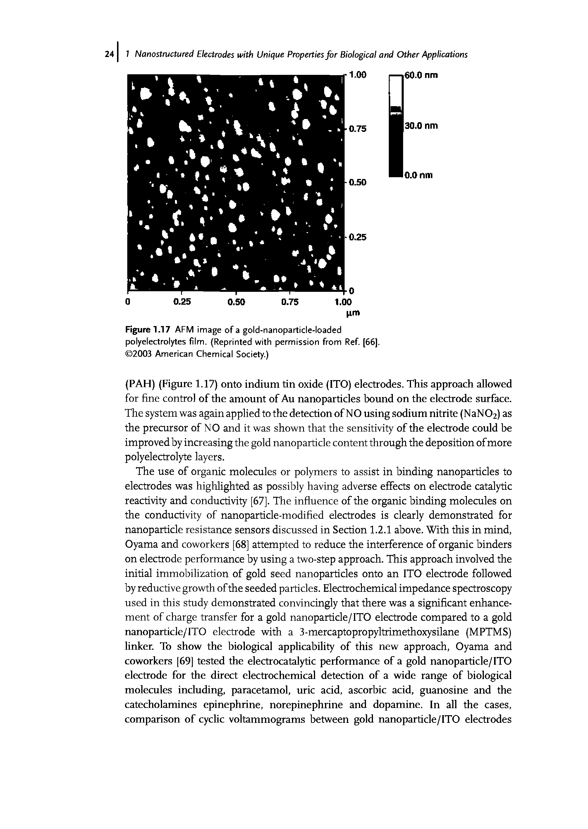 Figure 1.17 AFM image of a gold-nanoparticle-loaded polyelectrolytes film. (Reprinted with permission from Ref [66]. 2003 American Chemical Society.)...