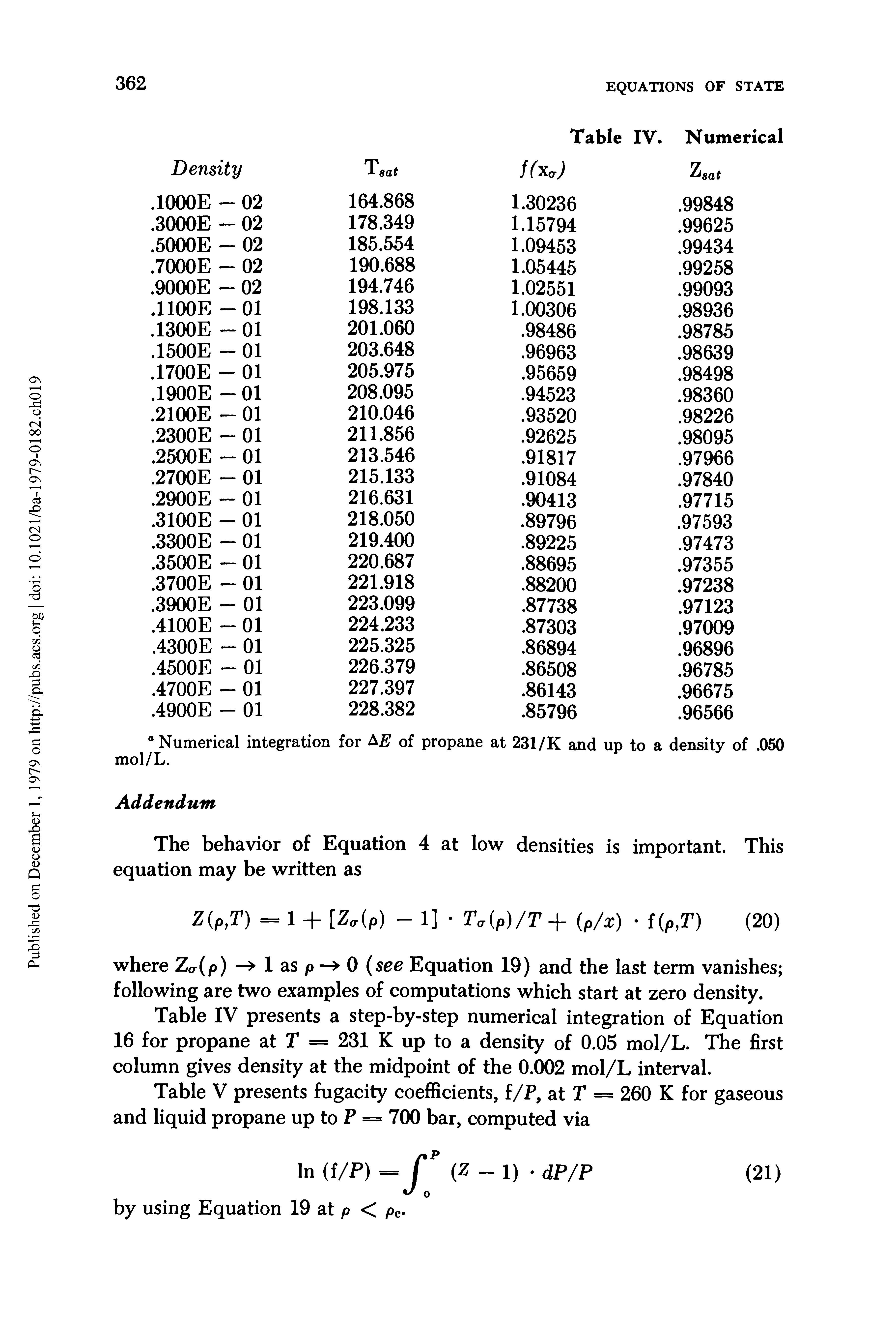 Table V presents fugacity coefficients, f/P, at T = 260 K for gaseous and liquid propane up to P = 700 bar, computed via...
