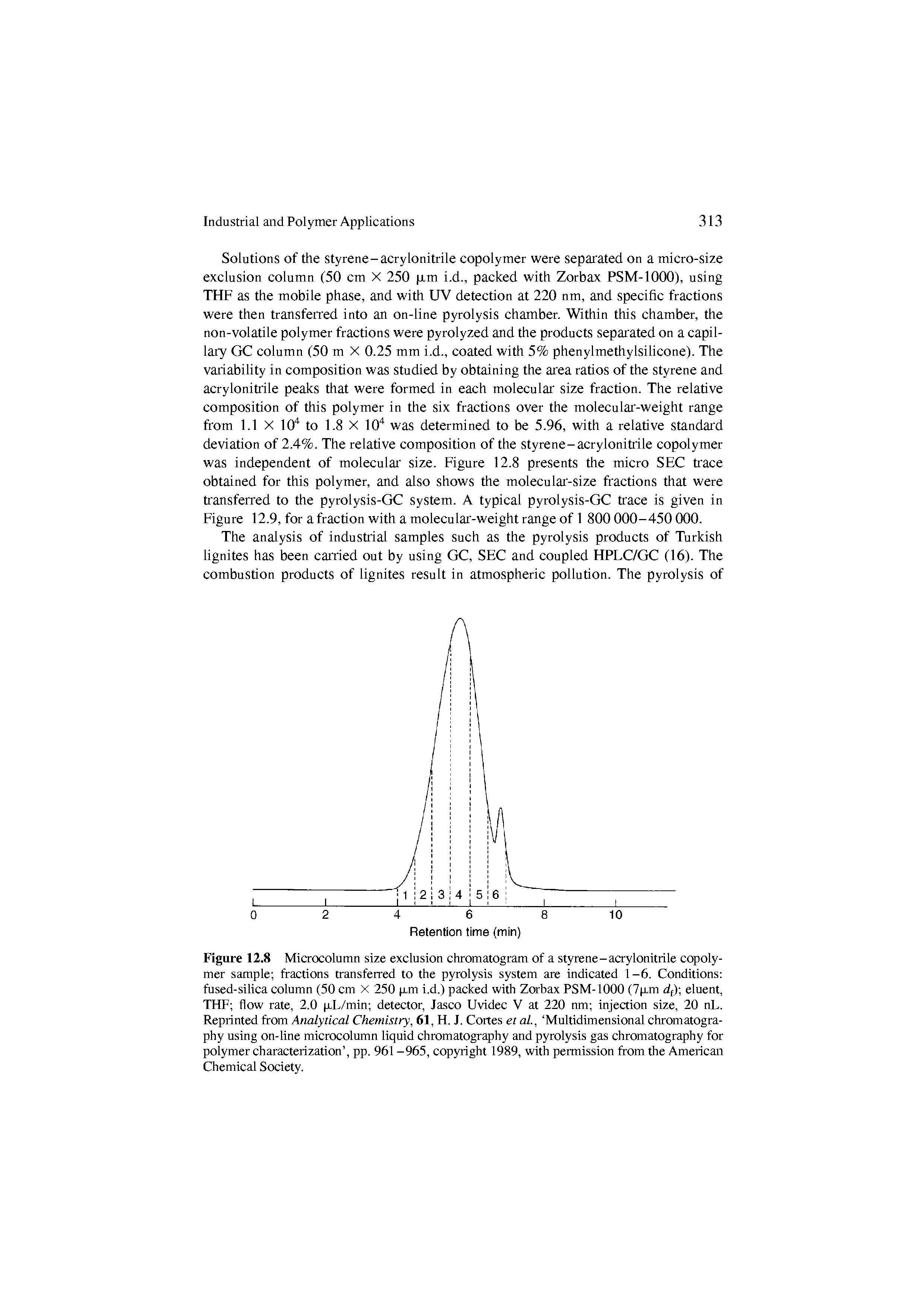 Figure 12.8 Mia ocolumn size exclusion chromatogram of a styrene-aaylonitrile copolymer sample fractions ti ansfeired to the pyrolysis system are indicated 1-6. Conditions fused-silica column (50 cm X 250 p.m i.d.) packed with Zorbax PSM-1000 (7p.m 4f) eluent, THF flow rate, 2.0 p.L/min detector, Jasco Uvidec V at 220 nm injection size, 20 nL. Reprinted from Analytical Chemistry, 61, H. J. Cortes et al, Multidimensional chromatography using on-line microcolumn liquid chromatography and pyrolysis gas chromatography for polymer characterization , pp. 961 -965, copyright 1989, with peimission from the American Chemical Society.