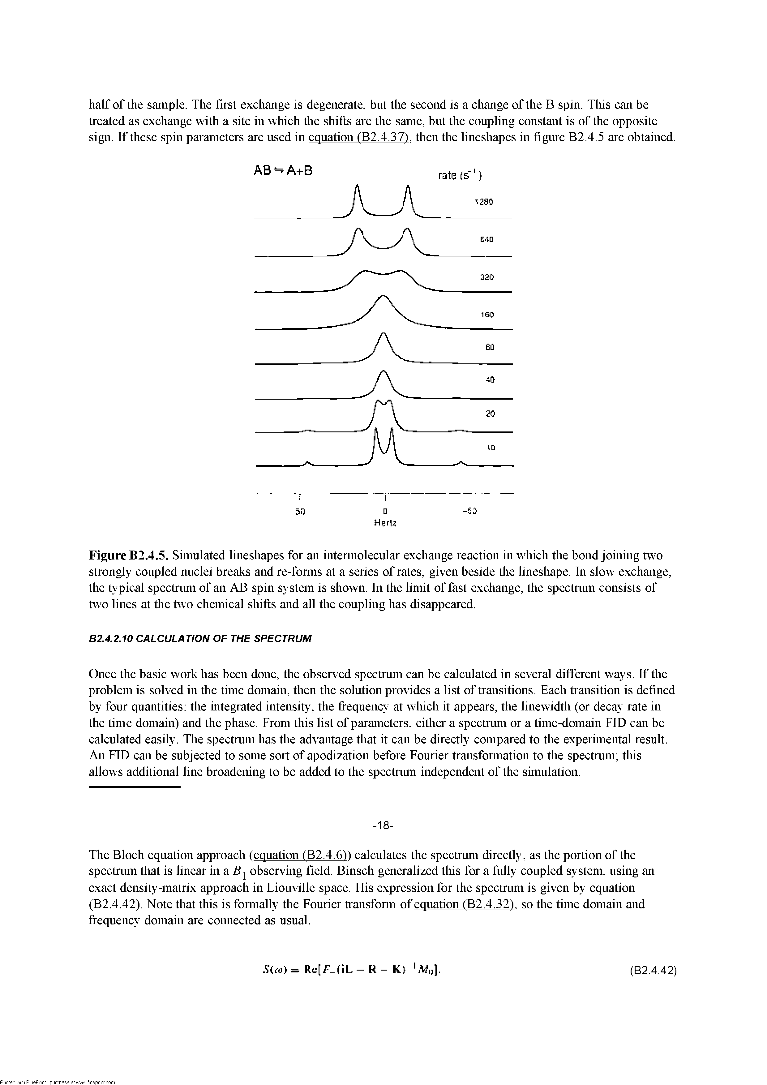 Figure B2.4.5. Simulated lineshapes for an intennolecular exchange reaction in which the bond joining two strongly coupled nuclei breaks and re-fomis at a series of rates, given beside tlie lineshape. In slow exchange, the typical spectrum of an AB spin system is shown. In the limit of fast exchange, the spectrum consists of two lines at tlie two chemical shifts and all the coupling has disappeared.