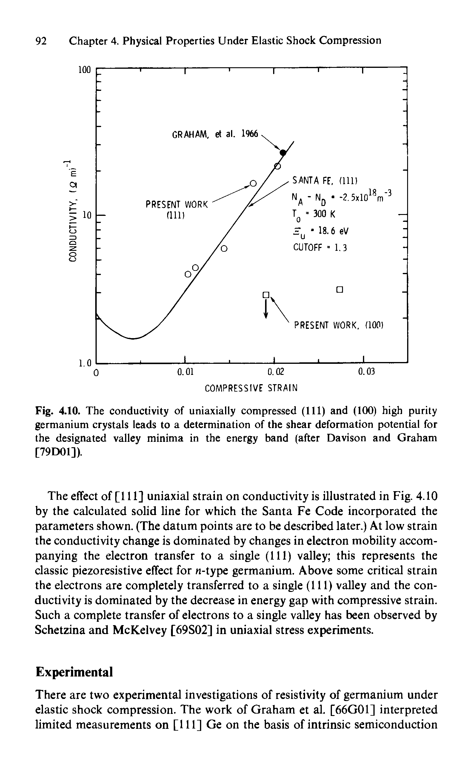 Fig. 4.10. The conductivity of uniaxially compressed (111) and (100) high purity germanium crystals leads to a determination of the shear deformation potential for the designated valley minima in the energy band (after Davison and Graham [79D01]).