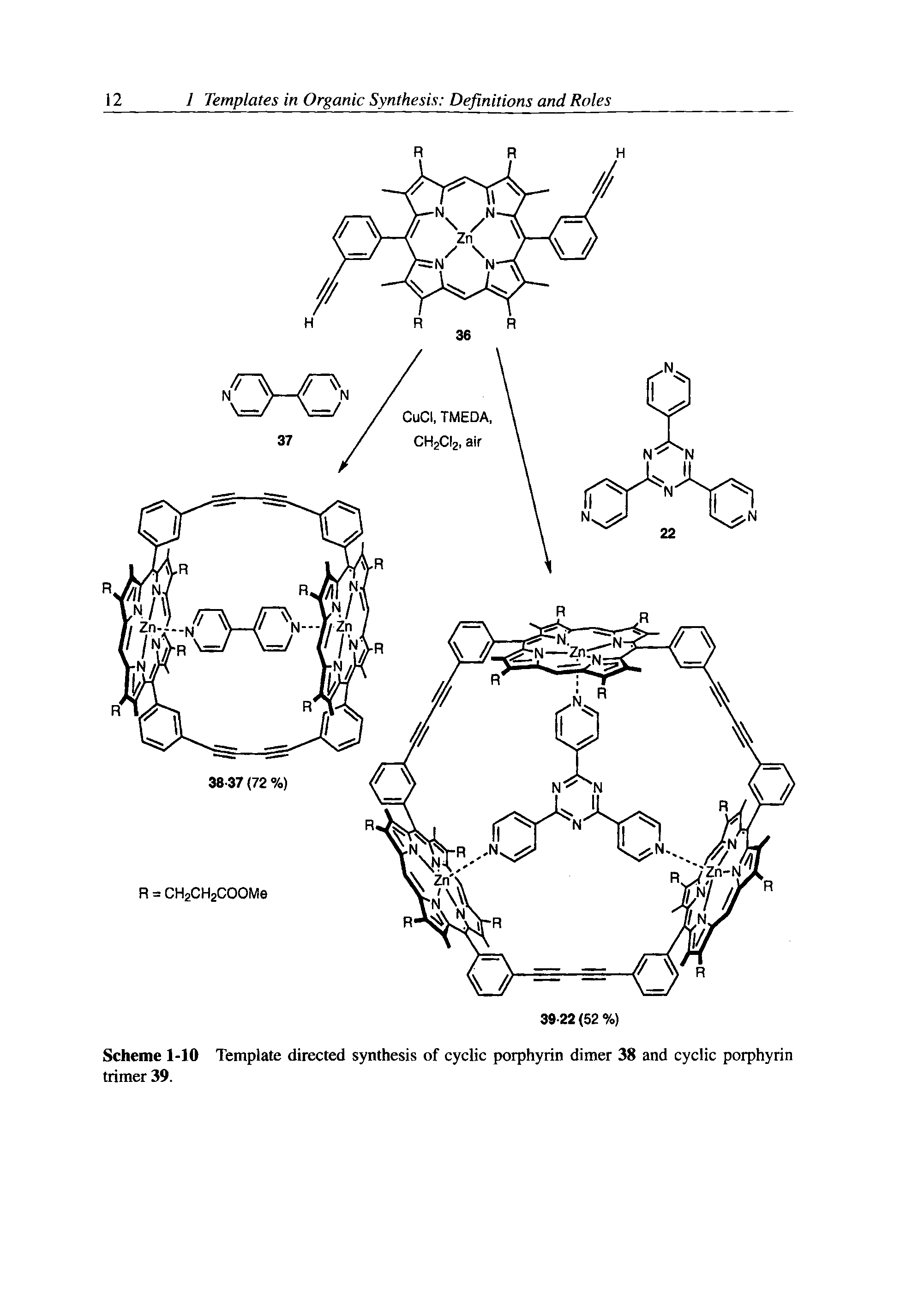 Scheme 1-10 Template directed synthesis of cyclic porphyrin dimer 38 and cyclic porphyrin trimer 39.