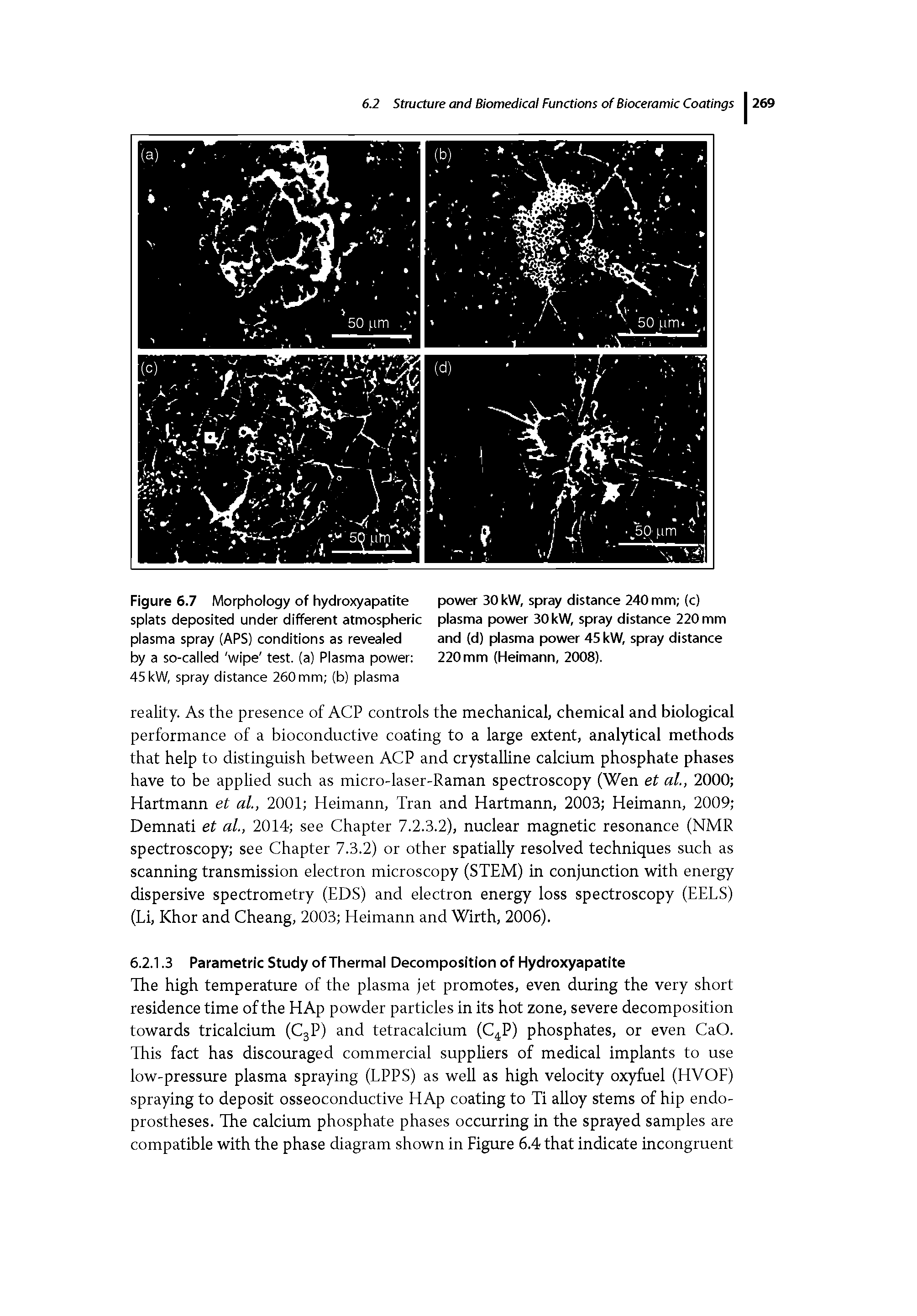 Figure 6.7 Morphology of hydroxyapatite power 30 kW, spray distance 240 mm (c) splats deposited under different atmospheric plasma power 30kW, spray distance 220 mm plasma spray (APS) conditions as revealed and (d) plasma power 45 kW, spray distance by a so-called wipe test, (a) Plasma power 220mm (Heimann, 2008).