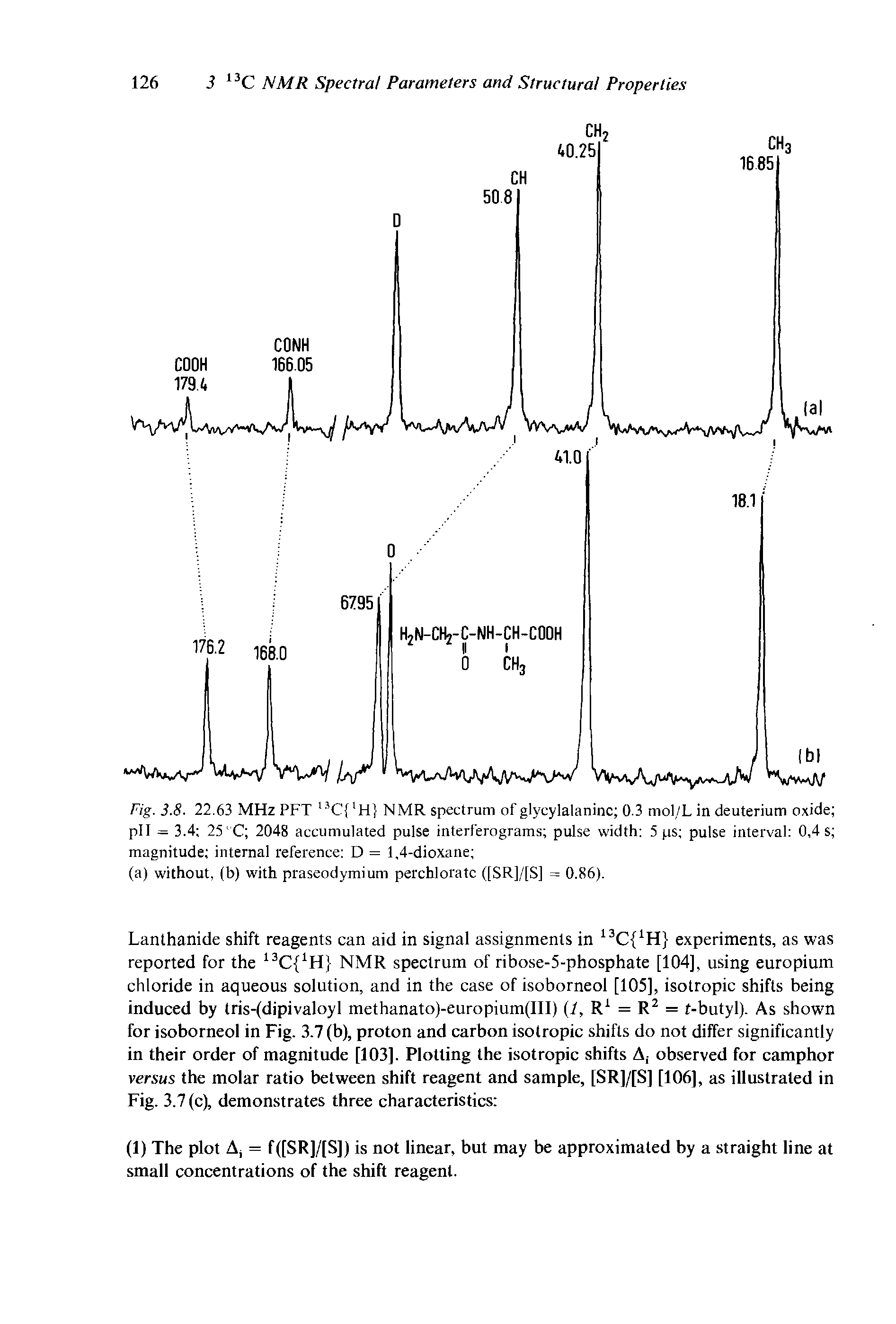 Fig. 3.8. 22.63 MHz PFT t3C lH NMR spectrum of glycylalaninc 0.3 mol/L in deuterium oxide pll = 3.4 25 C 2048 accumulated pulse interferograms pulse width 5 ps pulse interval 0,4 s magnitude internal reference D = 1,4-dioxane ...