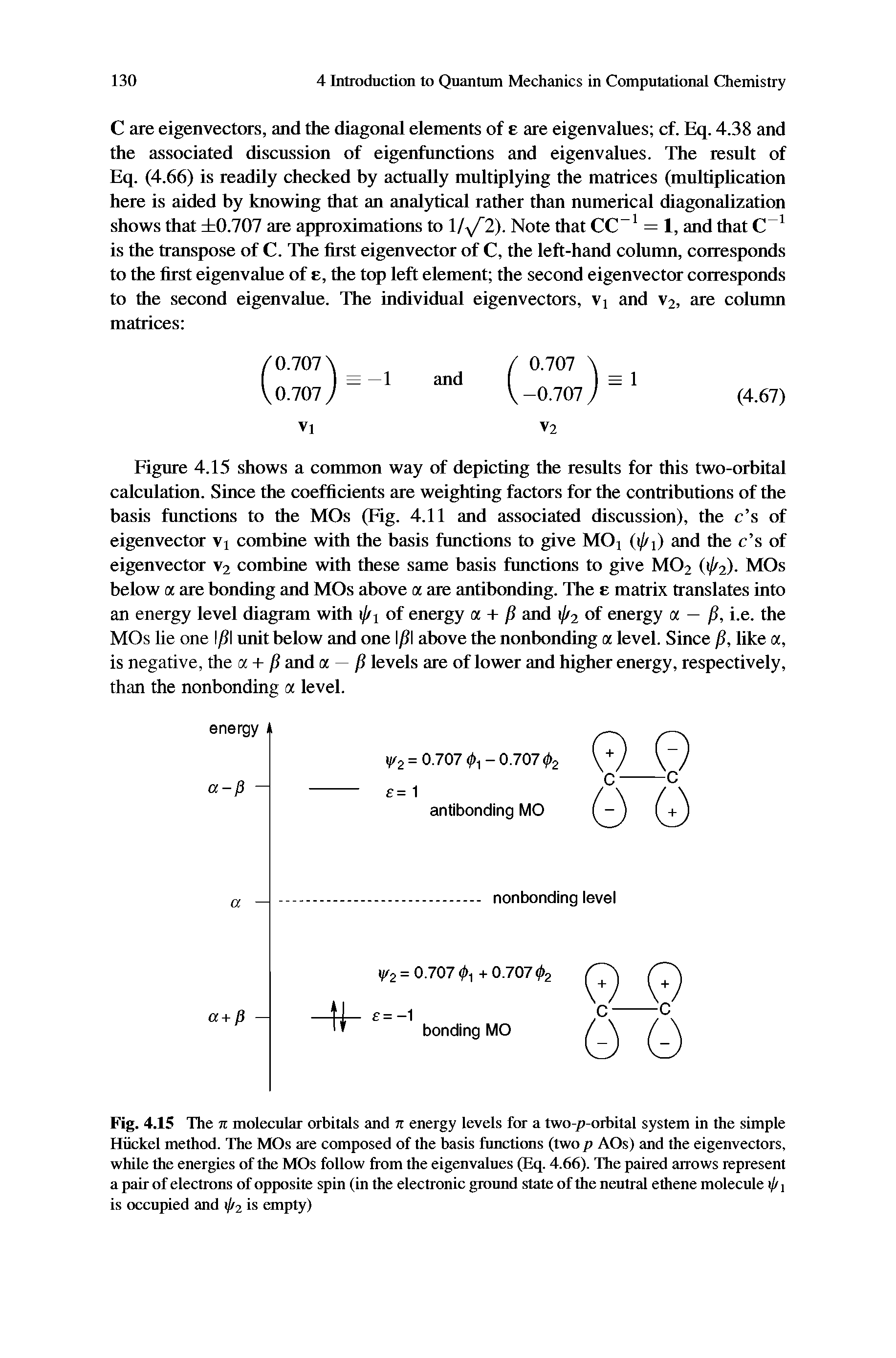 Fig. 4.15 The n molecular orbitals and n energy levels for a two-p-orbital system in the simple Hiickel method. The MOs are composed of the basis functions (two p AOs) and the eigenvectors, while the energies of the MOs follow from the eigenvalues (Eq. 4.66). The paired arrows represent a pair of electrons of opposite spin (in the electronic ground state of the neutral ethene molecule i[/ is occupied and i//2 is empty)...