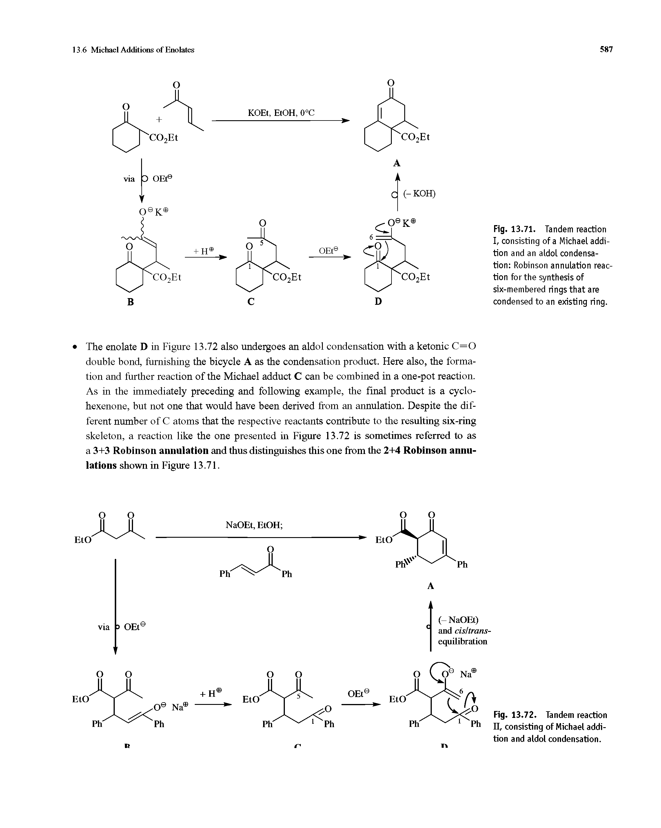 Fig. 13.71. Tandem reaction I, consisting of a Michael addition and an aldol condensation Robinson annulation reaction for the synthesis of six-membered rings that are condensed to an existing ring.