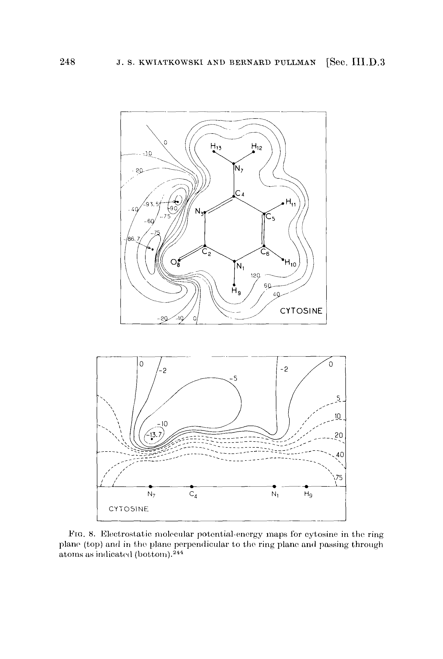 Fig. 8. Electrostatic molecular potential-energy maps for cytosine in the ring plane (top) and in the plane perpendicular to the ring plane and passing through atoms as indicated (bottom).244...