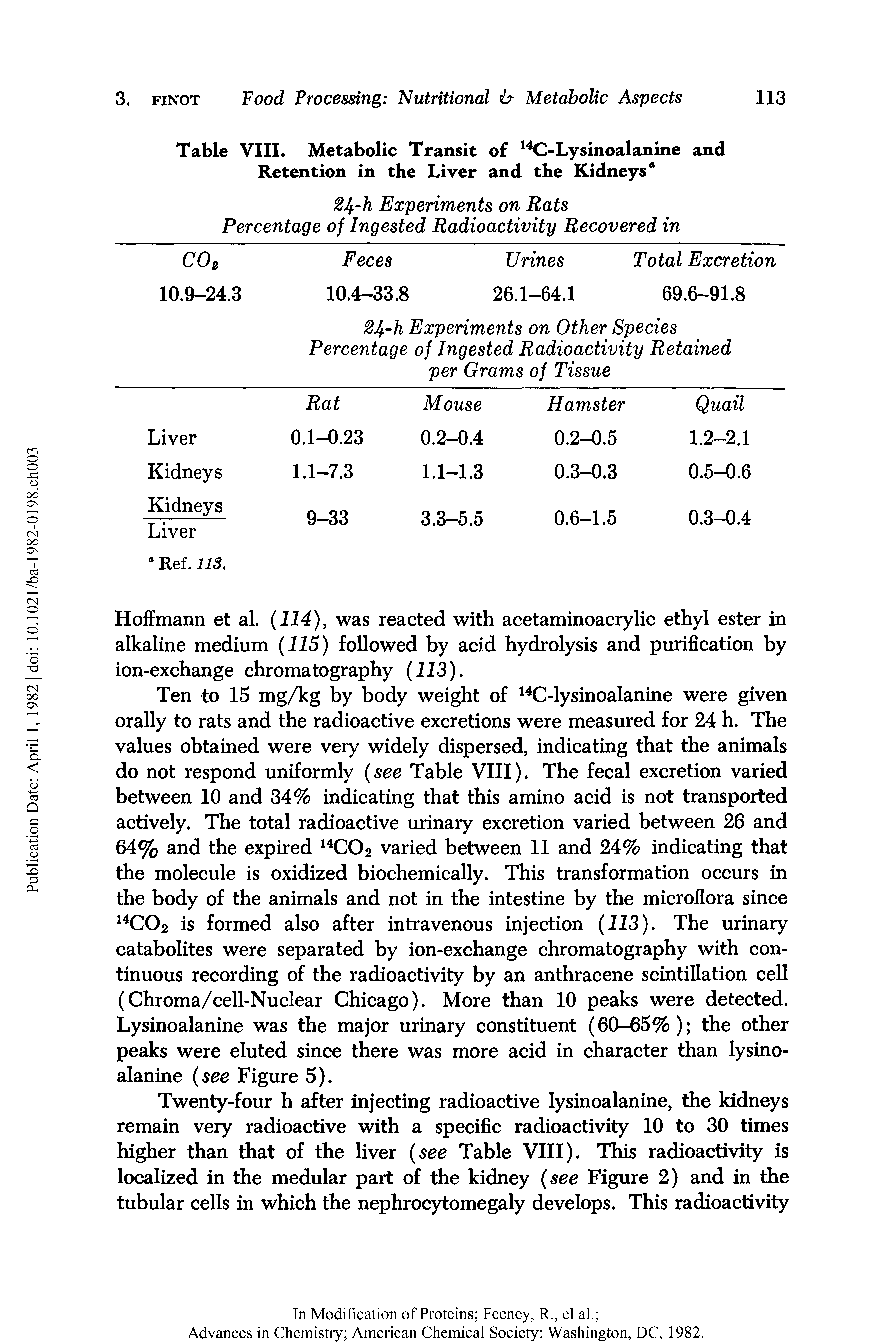 Table VIII. Metabolic Transit of 14C-Lysinoalanine and Retention in the Liver and the Kidneys0...