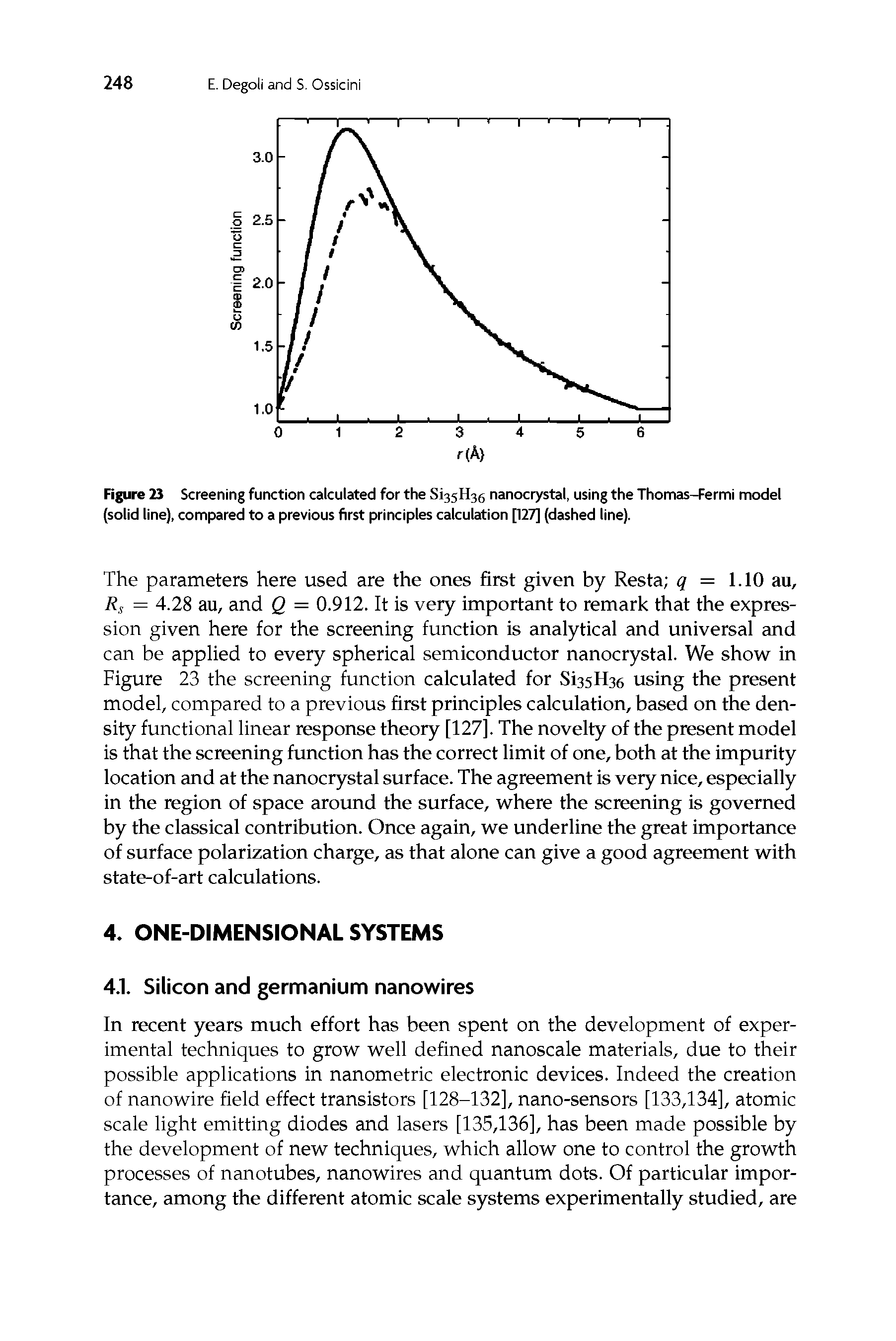 Figure 2J Screening function calculated for the S135H36 nanocrystal, using the Thomas-Fermi model (solid line), compared to a previous first principles calculation [127] (dashed line).