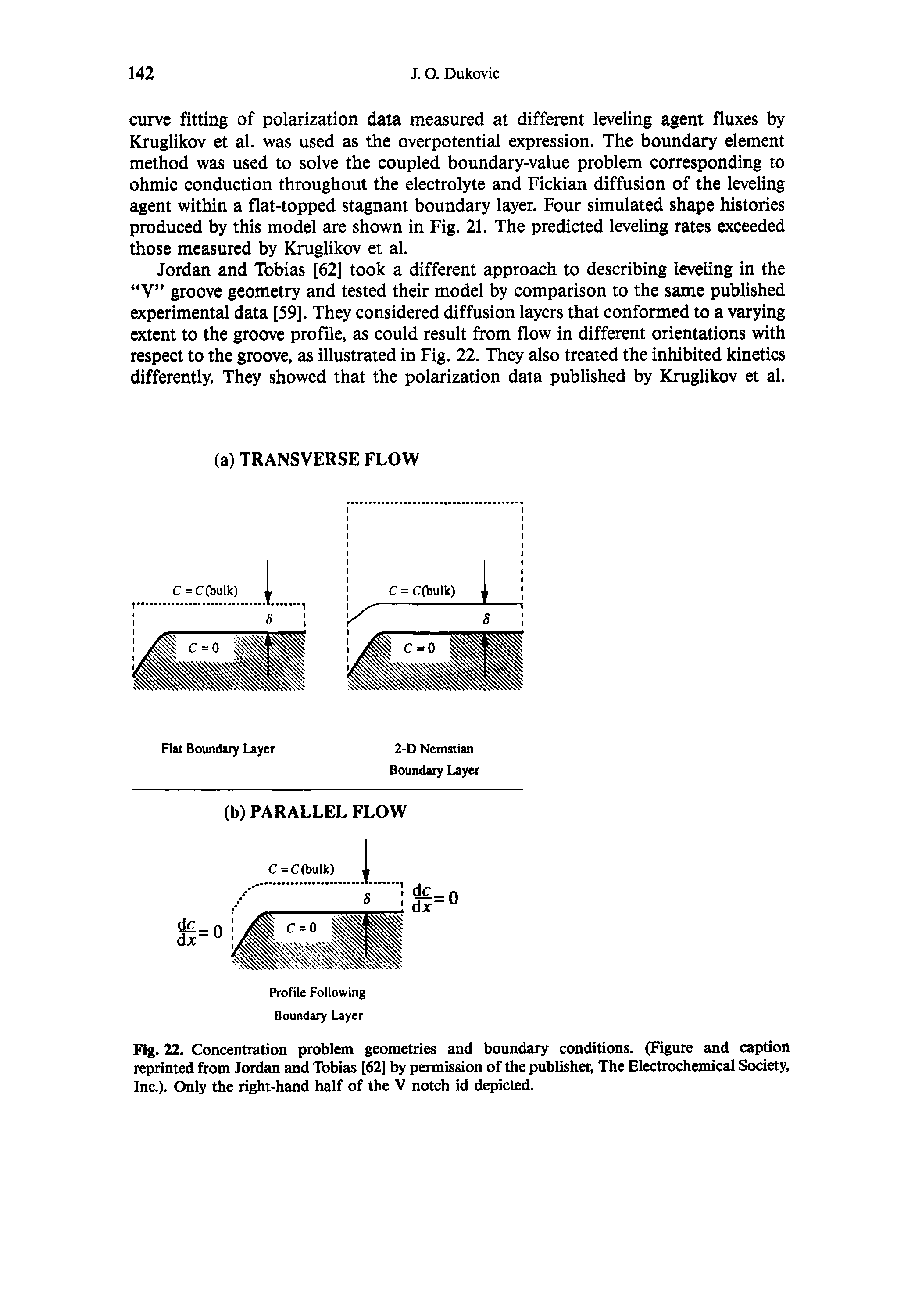 Fig. 22. Concentration problem geometries and boundary conditions. (Figure and caption reprinted from Jordan and Tobias [62] by permission of the publisher. The Electrochemical Society, Inc.). Only the right-hand half of the V notch id depicted.