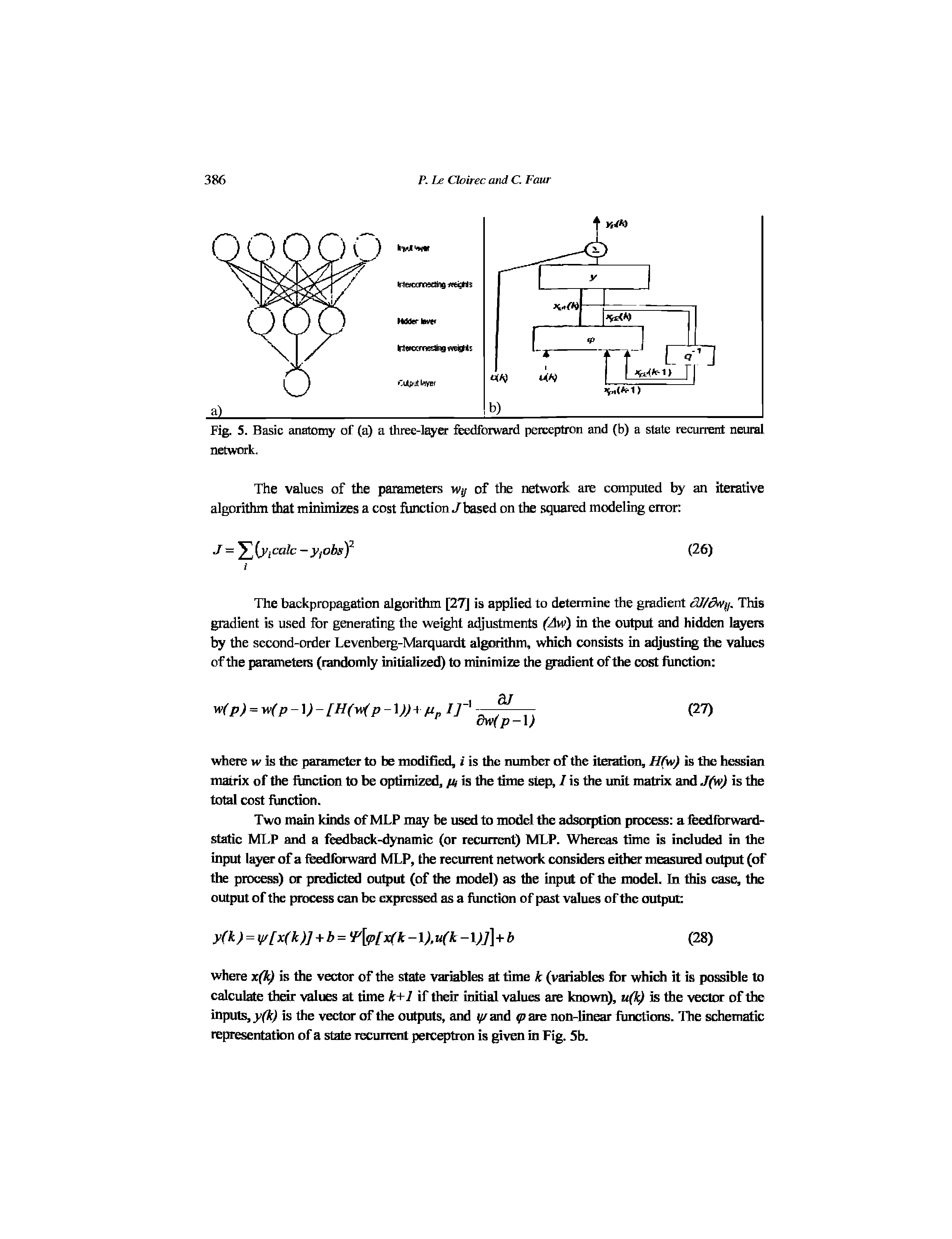 Fig. 5. Basic anatomy of (a) a three-layer feedforward perceptron and (b) a state recurrent neural network.