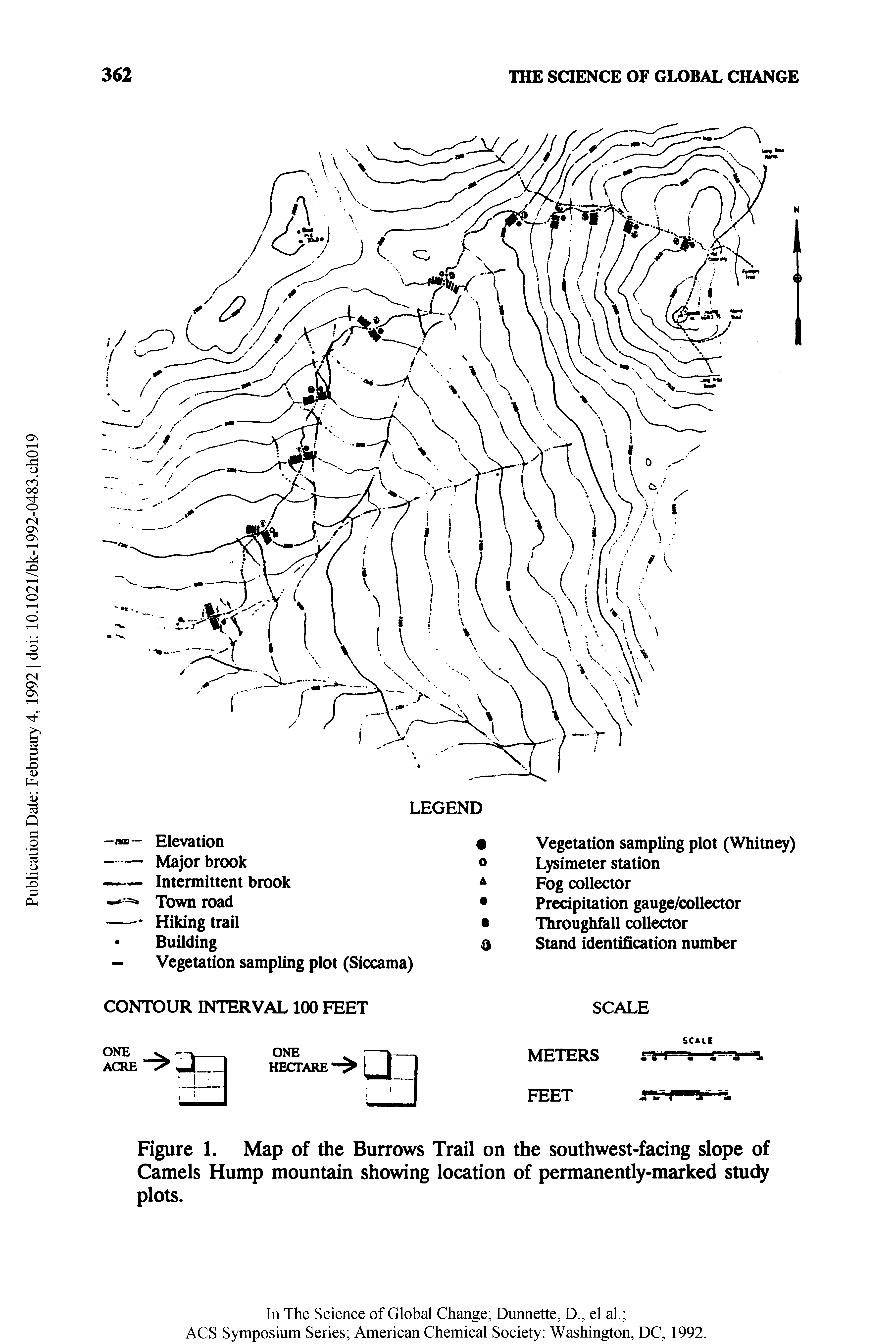 Figure 1. Map of the Burrows Trail on the southwest-facing slope of Camels Hump mountain showing location of permanently-marked study plots.