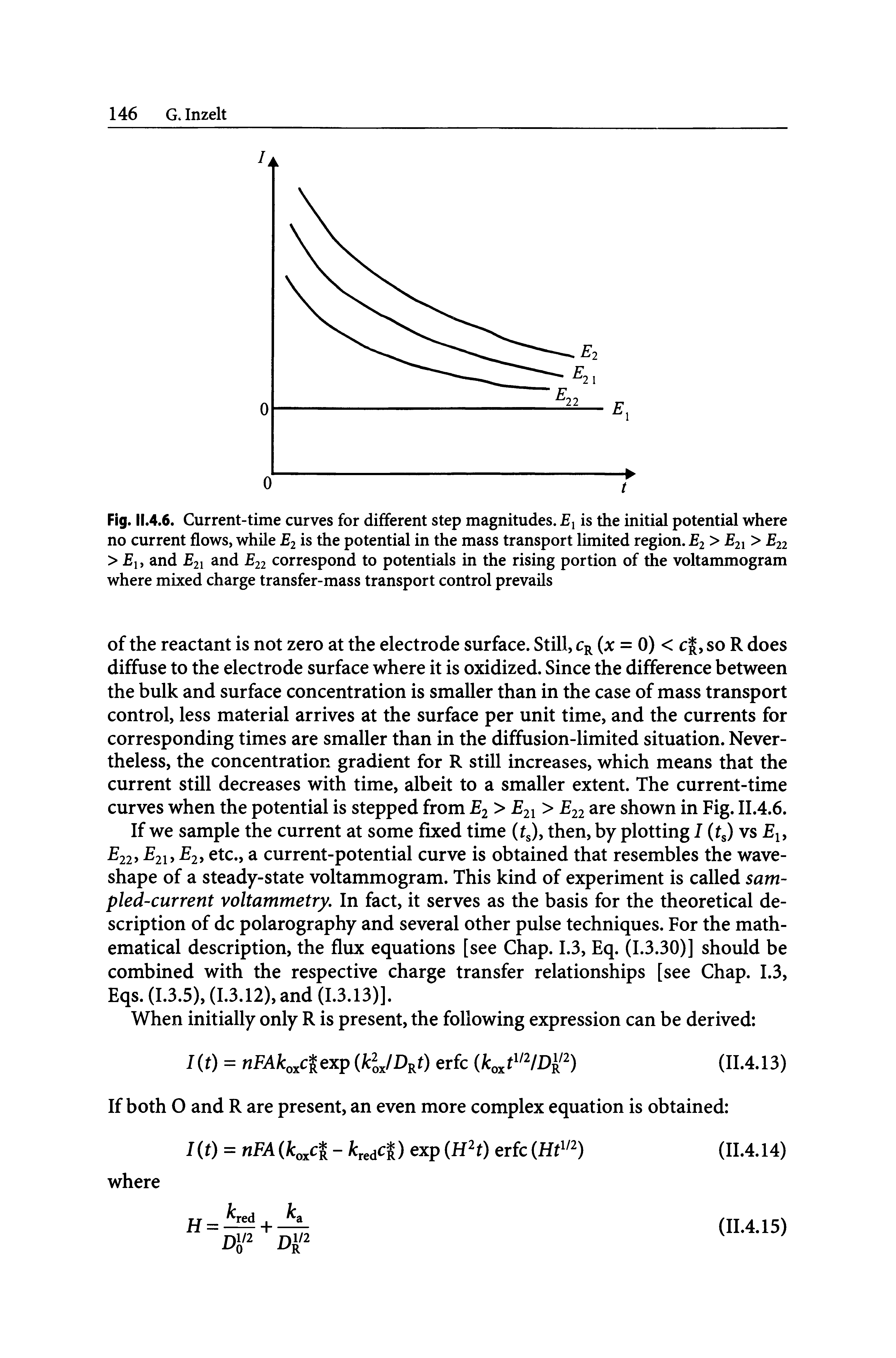 Fig. 11.4.6. Current-time curves for different step magnitudes. Ei is the initial potential where no current flows, while E2 is the potential in the mass transport limited region. E2 > 21 > 22 > 1, and E21 and 22 correspond to potentials in the rising portion of the voltammogram where mixed charge transfer-mass transport control prevails...