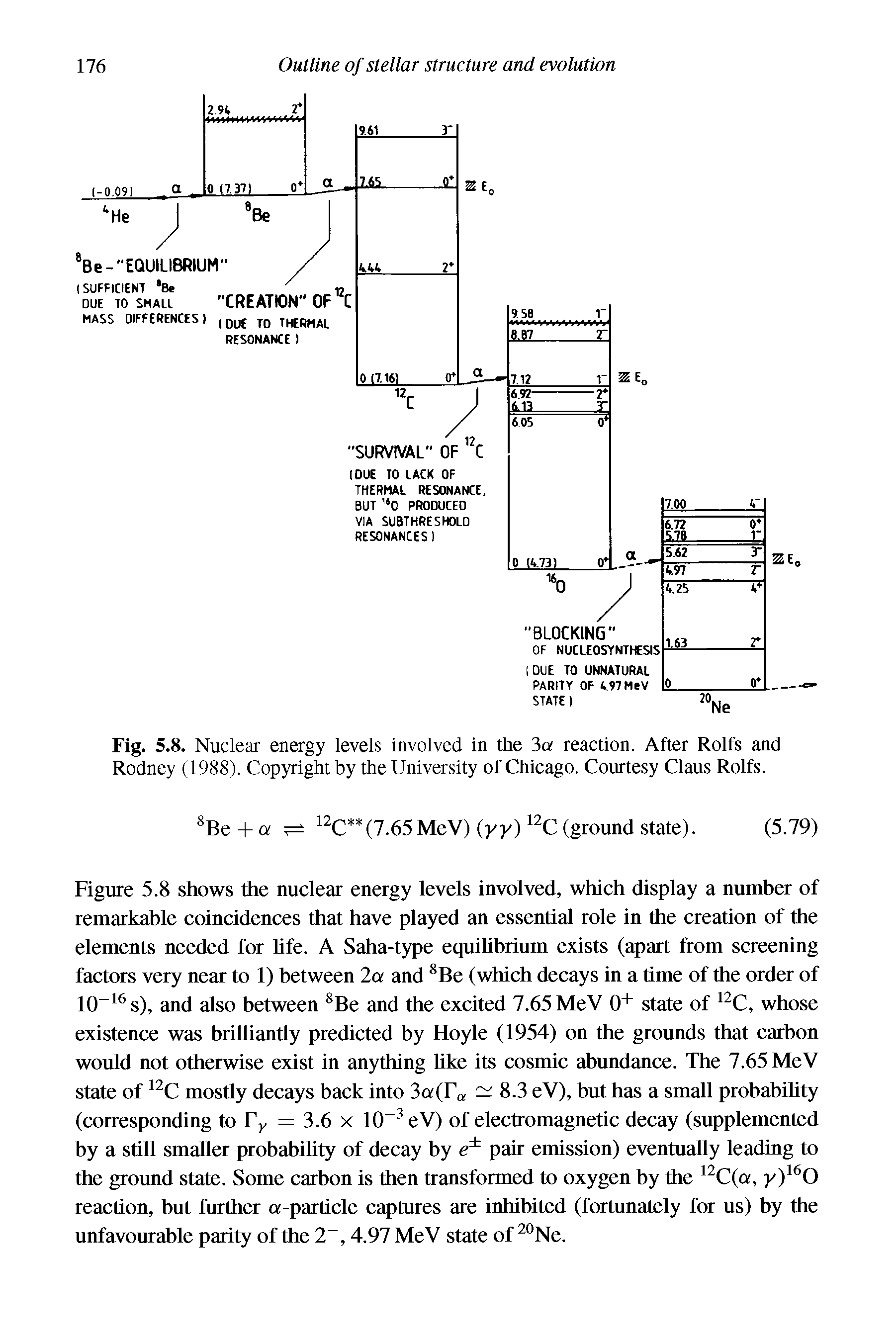 Fig. 5.8. Nuclear energy levels involved in the 3a reaction. After Rolfs and Rodney (1988). Copyright by the University of Chicago. Courtesy Claus Rolfs.