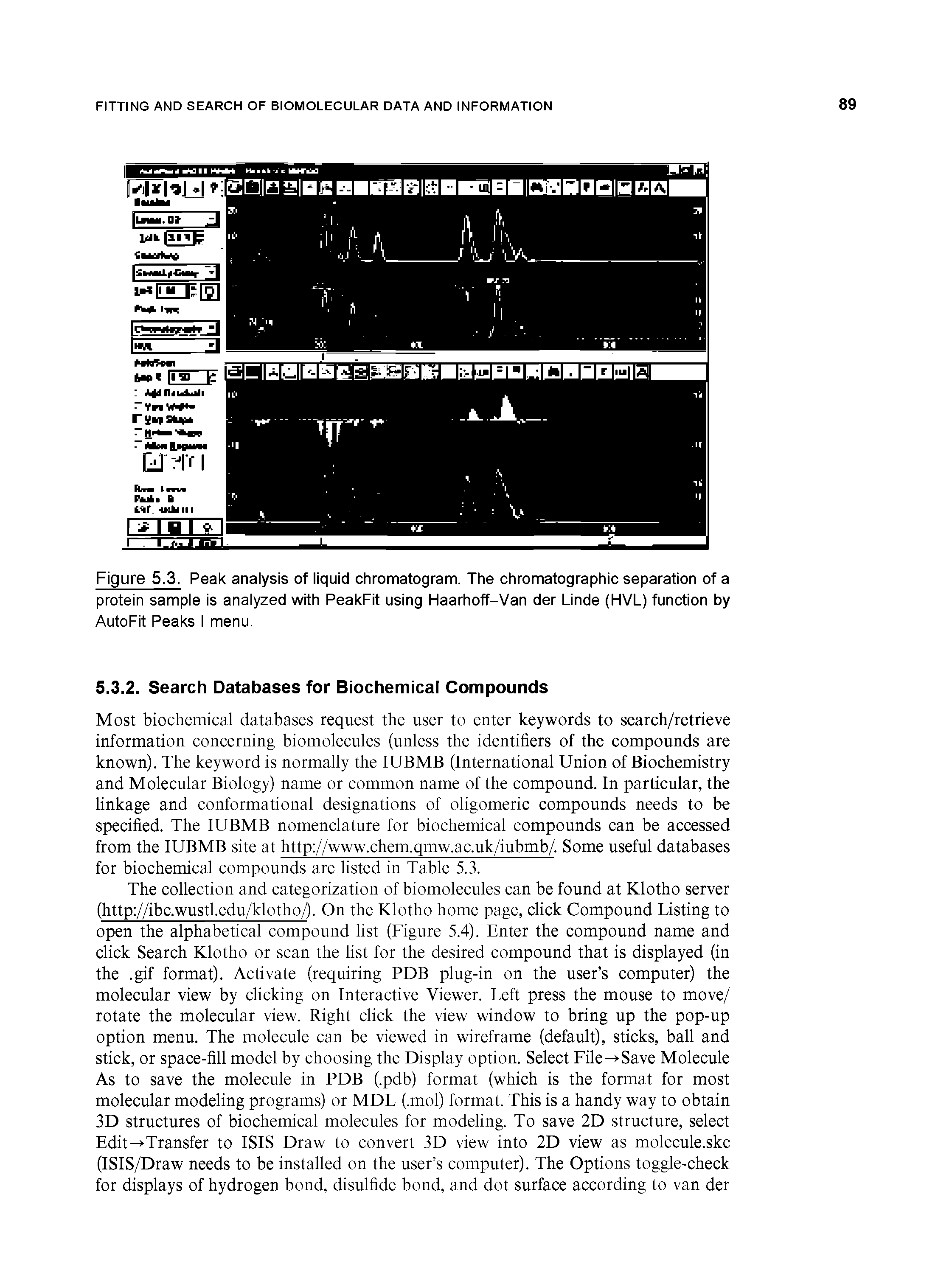 Figure 5.3. Peak analysis of liquid chromatogram. The chromatographic separation of a protein sample is analyzed with PeakFit using Haarhoff-Van der Unde (HVL) function by AutoFit Peaks I menu.