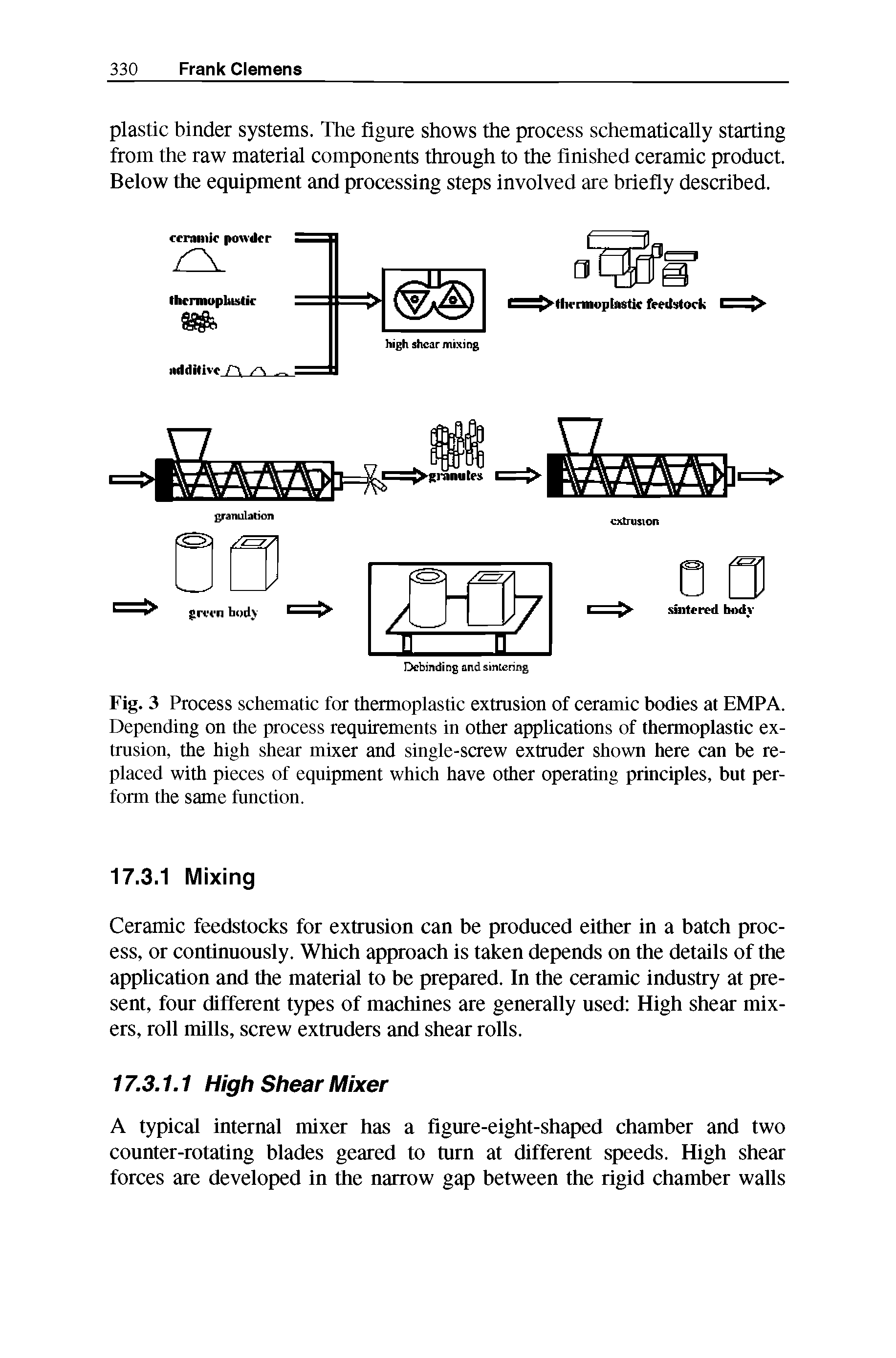 Fig. 3 Process schematic for thermoplastic extrusion of ceramic bodies at EMPA. Depending on the process requirements in other applications of thermoplastic extrusion, the high shear mixer and single-screw extruder shown here can be replaced with pieces of equipment which have other operating principles, but perform the same function.