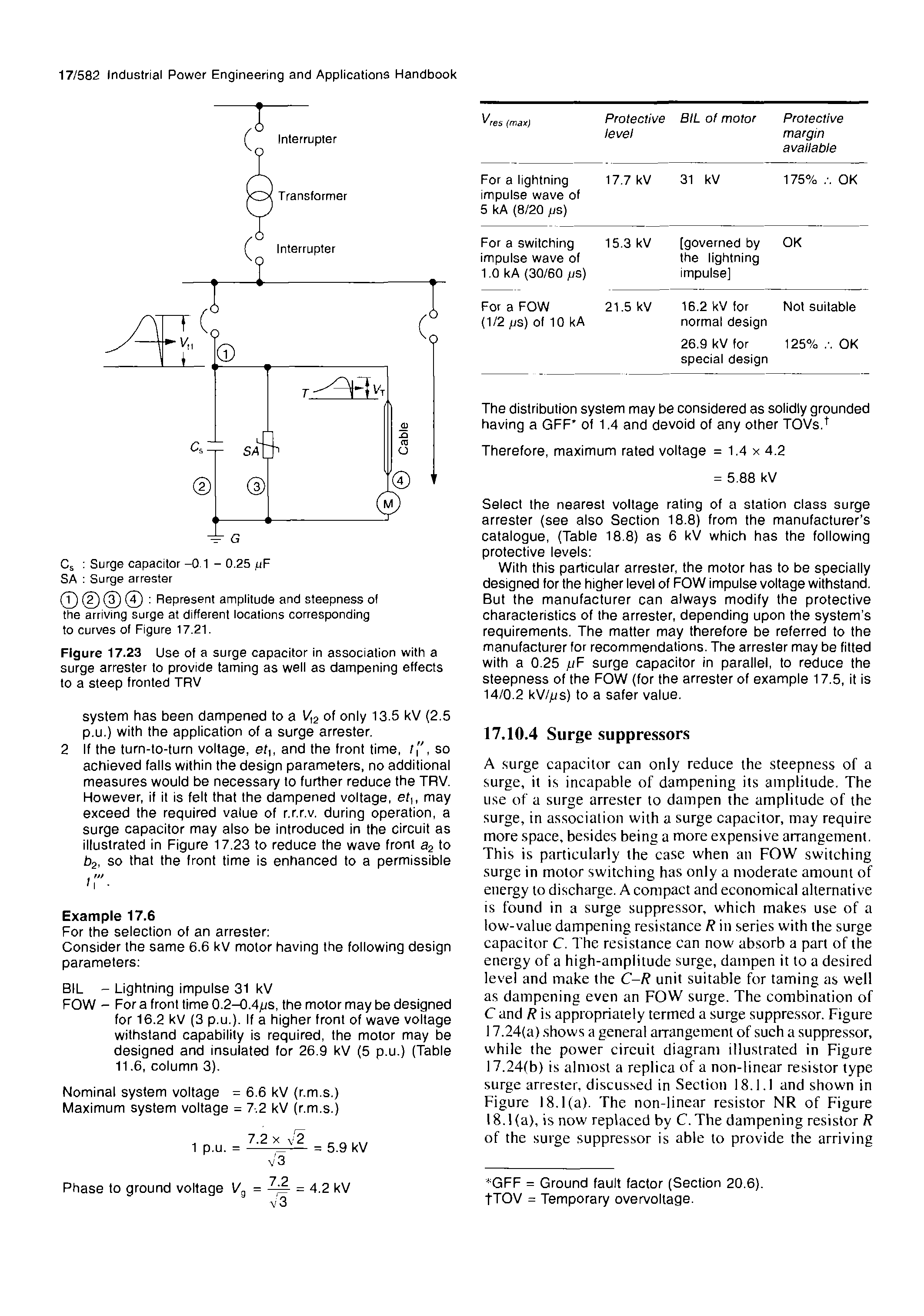 Figure 17.23 Use of a surge capacitor in association with a surge arrester to provide taming as well as dampening effects to a steep fronted TRV...