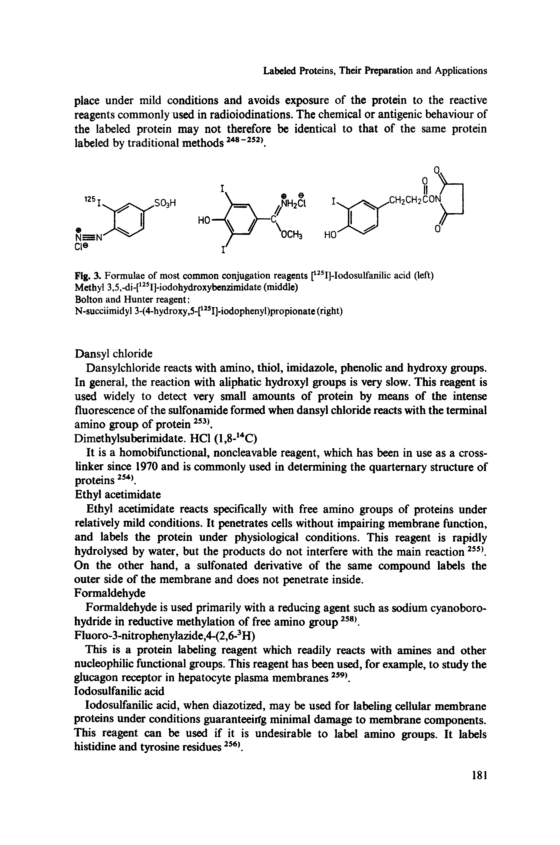 Fig. 3. Formulae of most common conjugation reagents f I]-Iodosulfanilic acid (left) Methyl 3,5,-di-[ I]-iodohydroxybenzimidate (middle)...